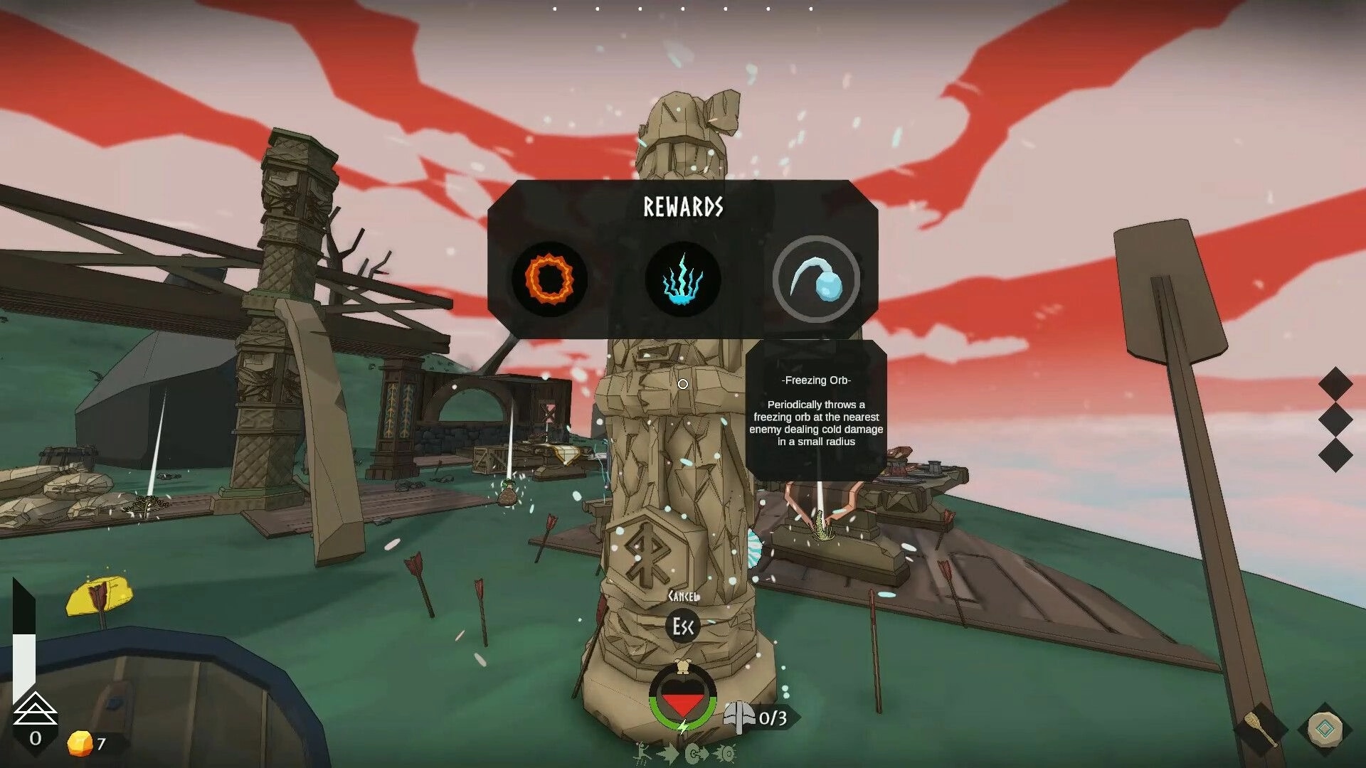 Skyrest: Rewards selection UI over a carved stone totem on a floating island dock under red skies.