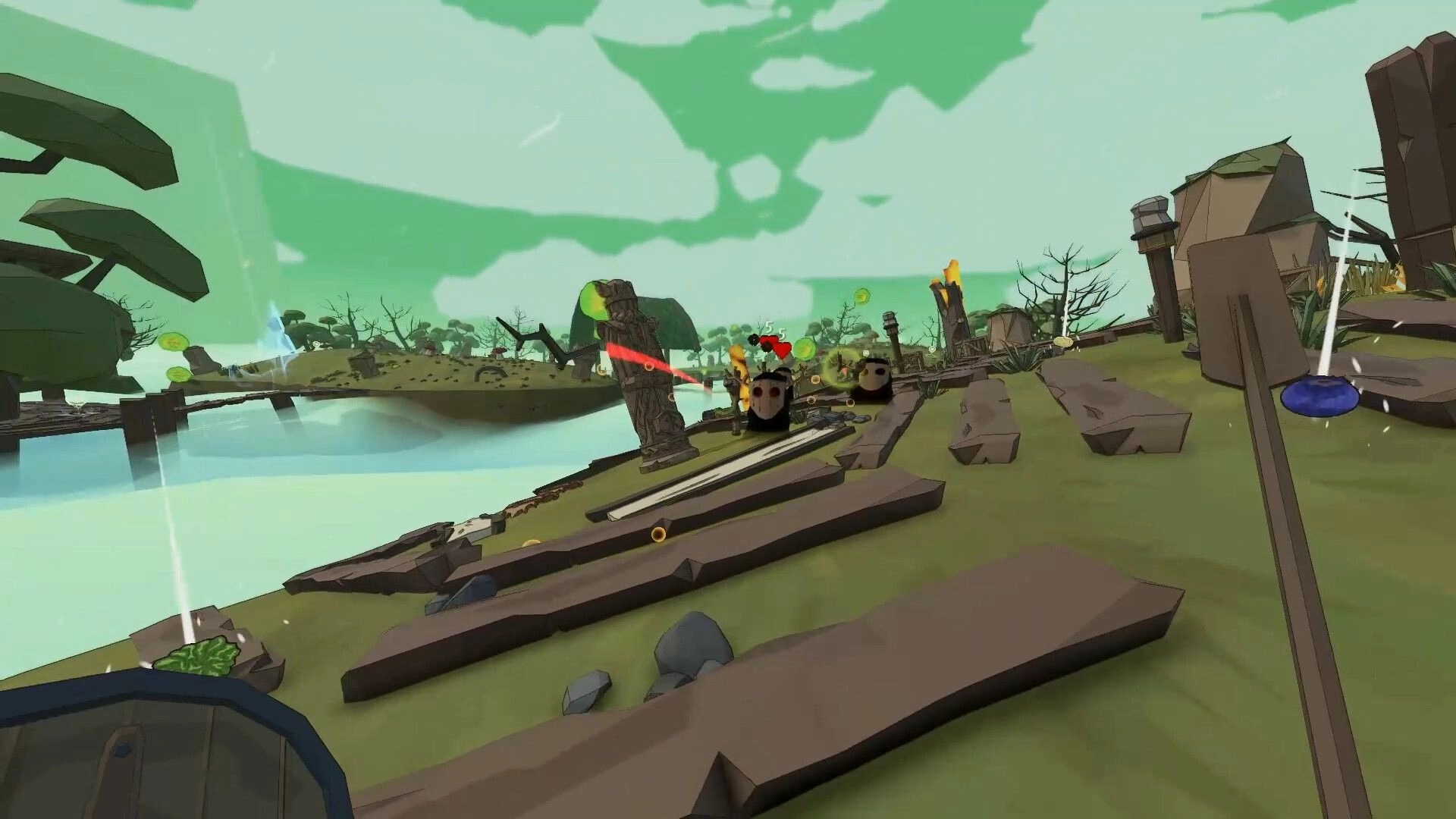 Skyrest: First-person combat with floating skull enemies and damage numbers on a ruined island shore.