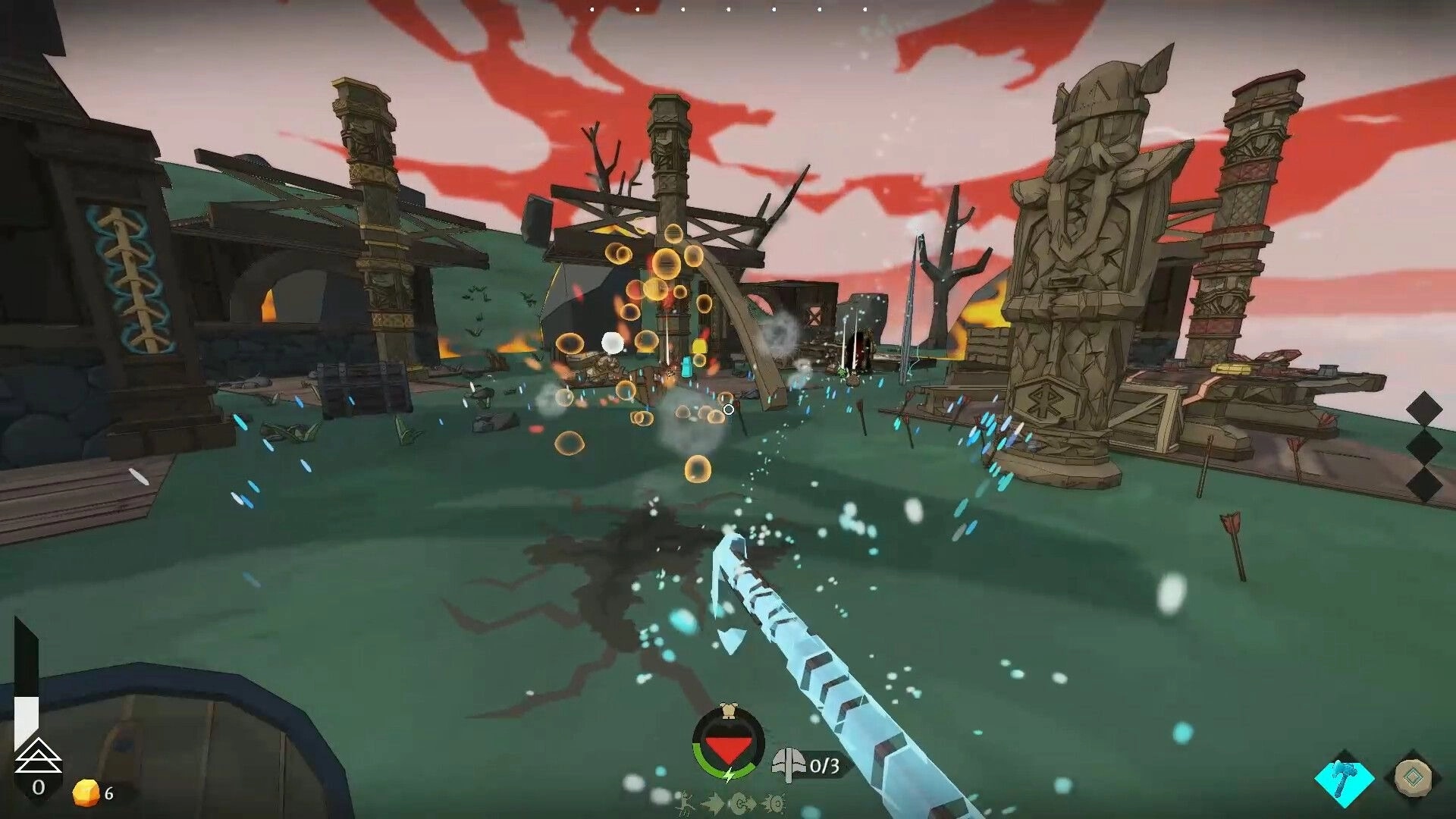 Skyrest: First-person runic beam attack with glowing orbs in a ruined island shrine under red sky.