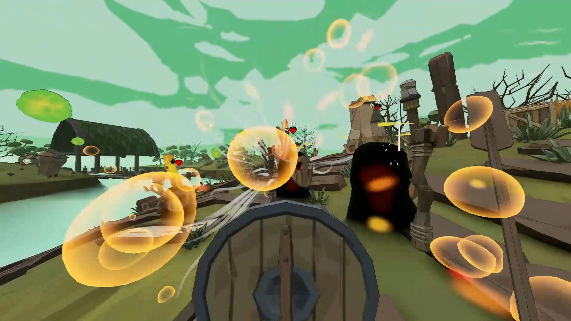Skyrest: First-person combat firing glowing orbs at enemies with heart icons in a ruined village by water.