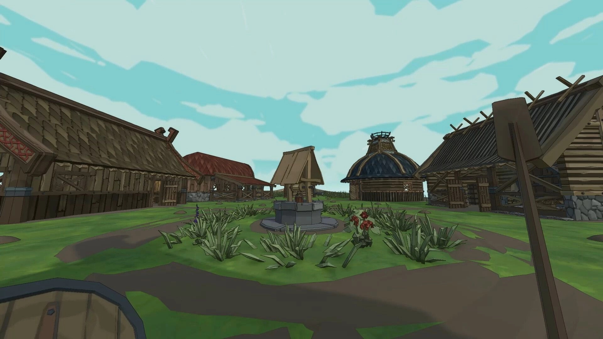 Skyrest: First-person view facing a village well, with rustic houses and grassy paths under blue sky.