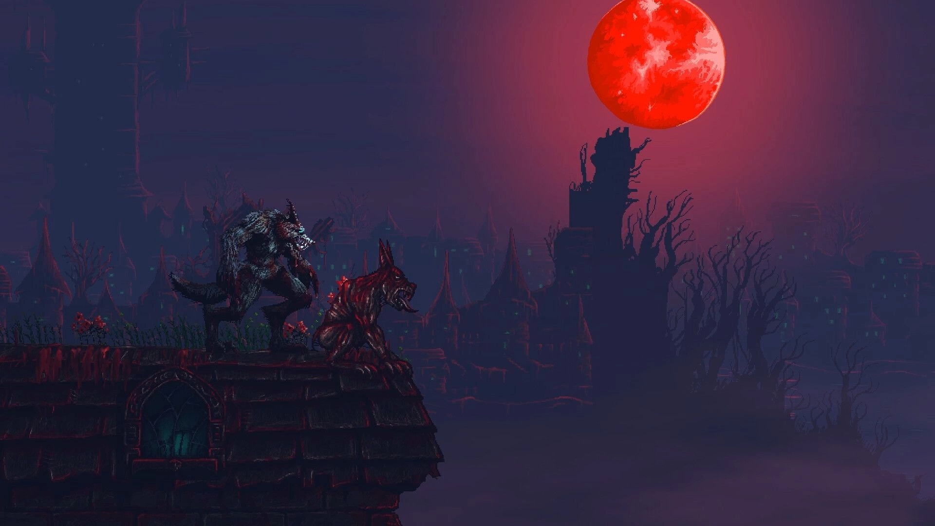 Slain 2: Two snarling werewolves on a rooftop under a huge red moon above a foggy gothic city.