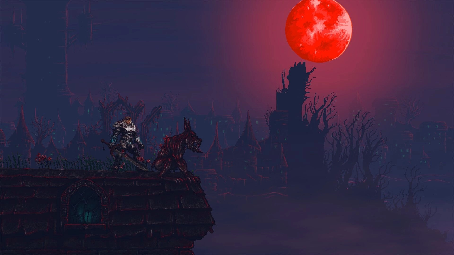 Slain 2: Armored warrior stands beside a snarling wolf on rooftops under a huge blood-red moon.