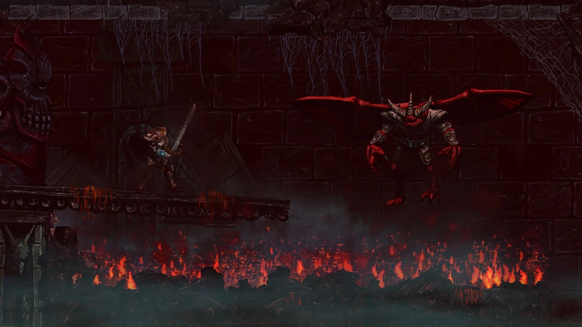 Slain 2: Sword-wielding hero faces a winged demon above lava in a dark stone dungeon corridor.