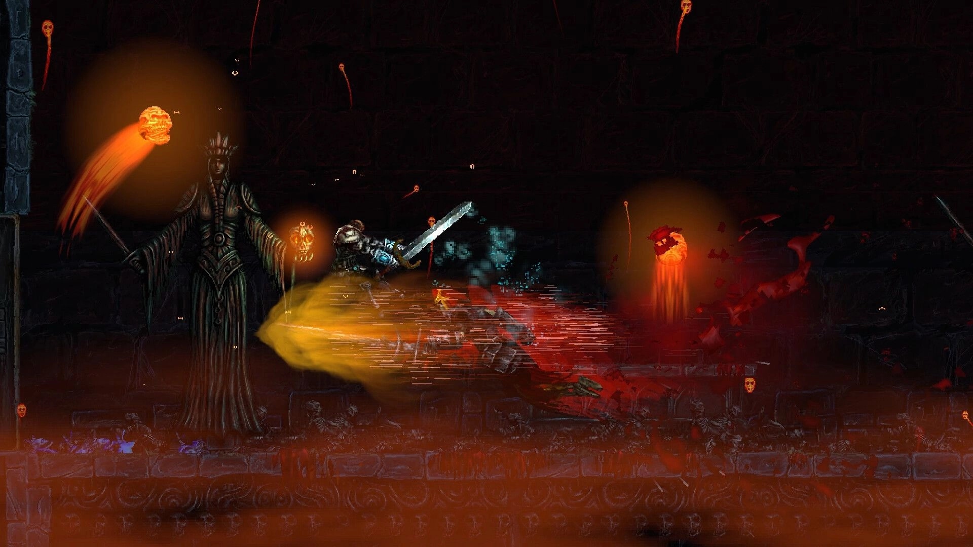 Slain 2: Armored warrior slashes through gore and smoke in a torchlit crypt with looming statue.