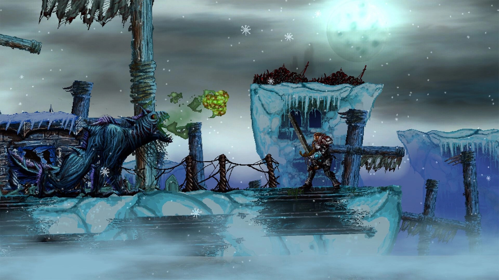 Slain 2: Armored warrior swings a greatsword at a beast on icy ruins under falling snow.