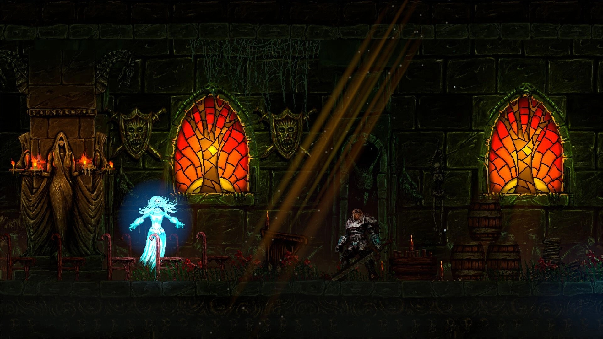 Slain 2: Armored warrior faces a glowing ghost in a candlelit chapel with stained glass windows.