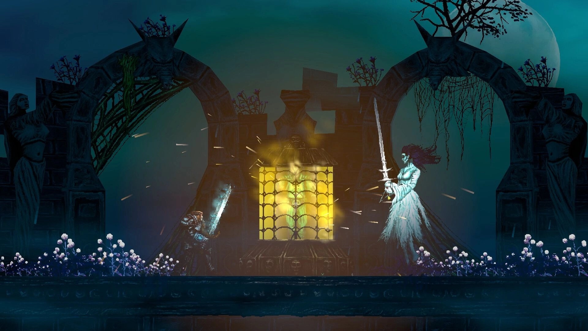 Slain 2: Sword duel between armored warrior and ghostly bride on moonlit ruin with glowing cage altar.