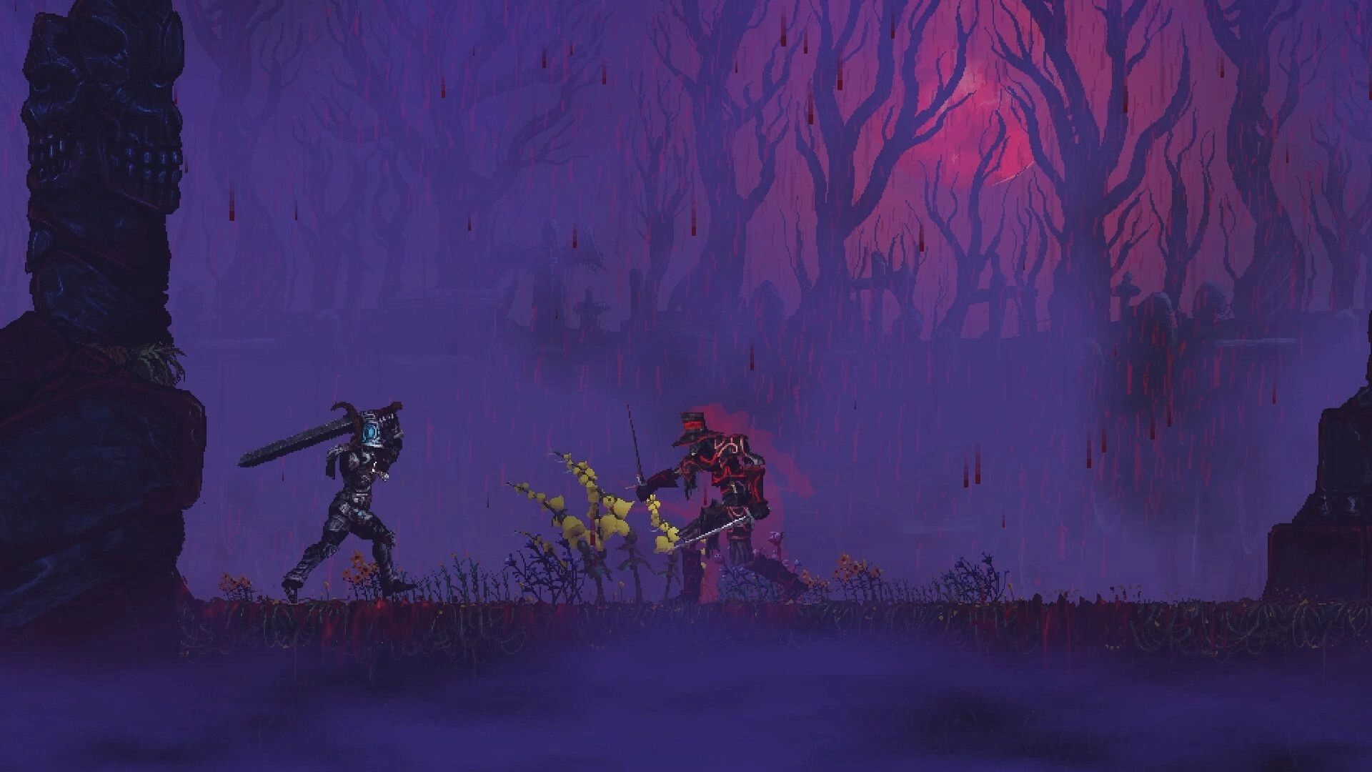 Slain 2: Armored warrior raises a greatsword to duel a red-cloaked foe in a misty graveyard.