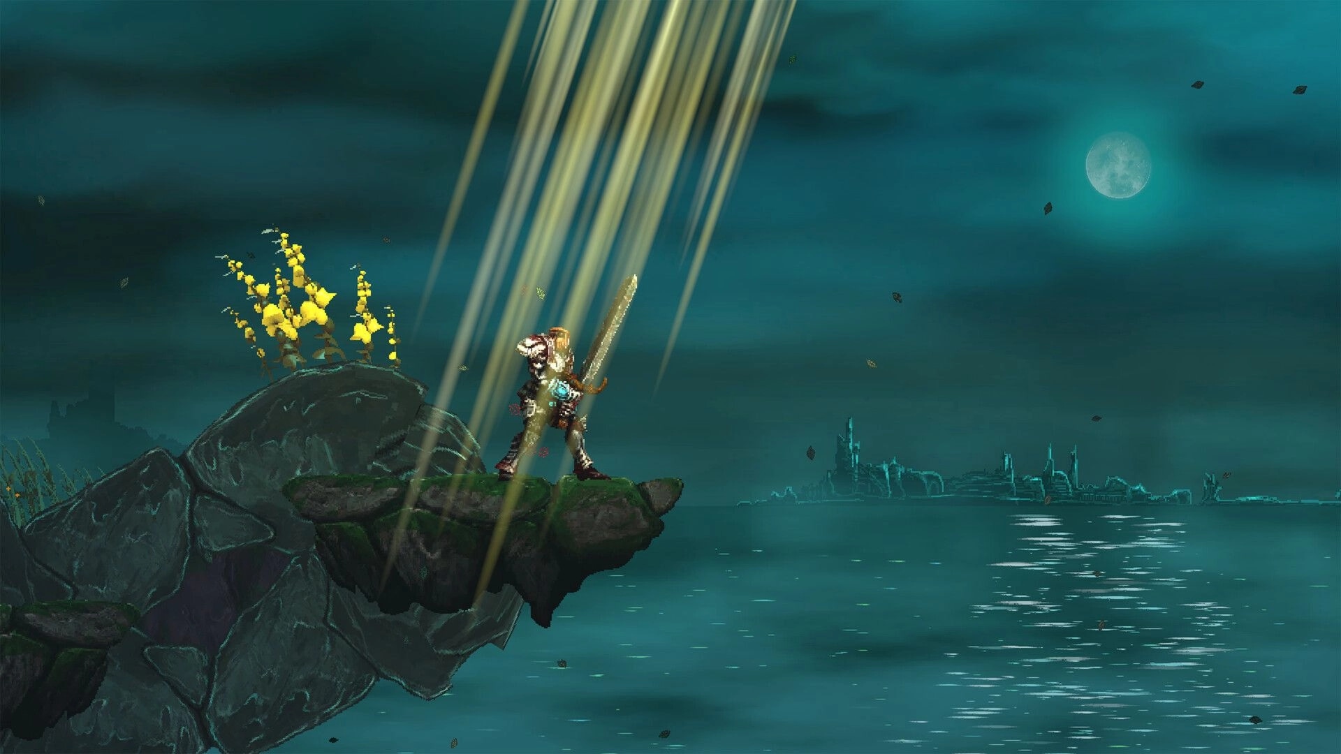 Slain 2: Armored warrior with oversized sword on cliff ledge above moonlit sea and ruins.