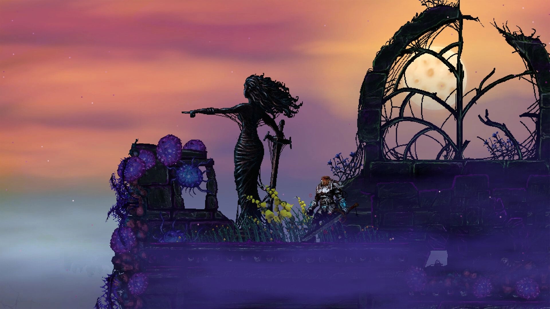 Slain 2: Armored warrior stands by a sword statue amid ruined arches under a glowing moon sky.