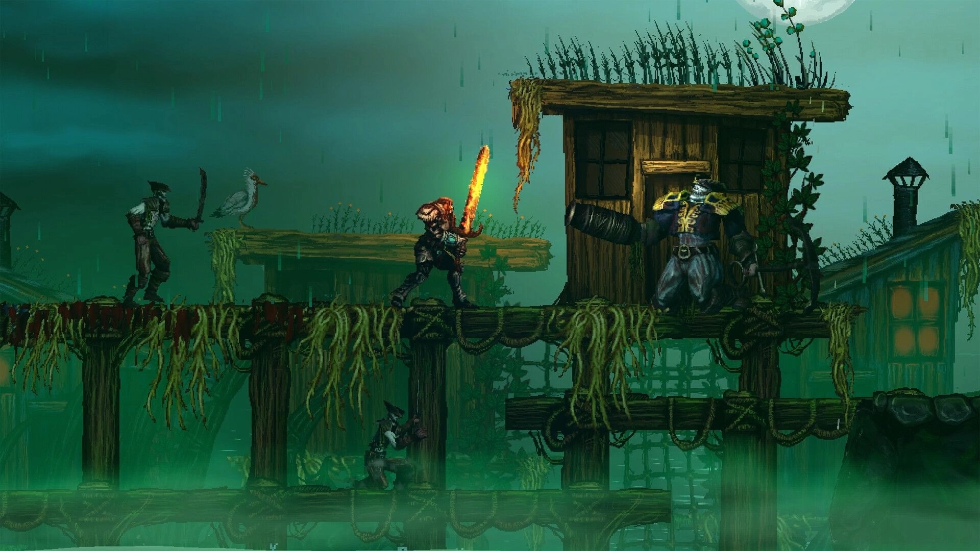 Slain 2: Warrior with flaming sword faces undead foes on rain-soaked wooden docks by a shack.