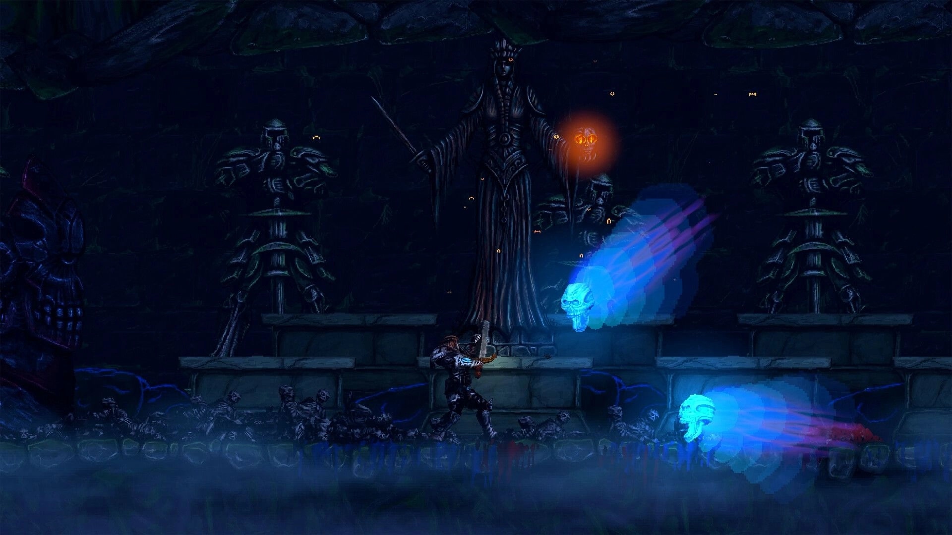 Slain 2: Warrior raises sword as blue ghost skulls streak past in a shadowy crypt hall.