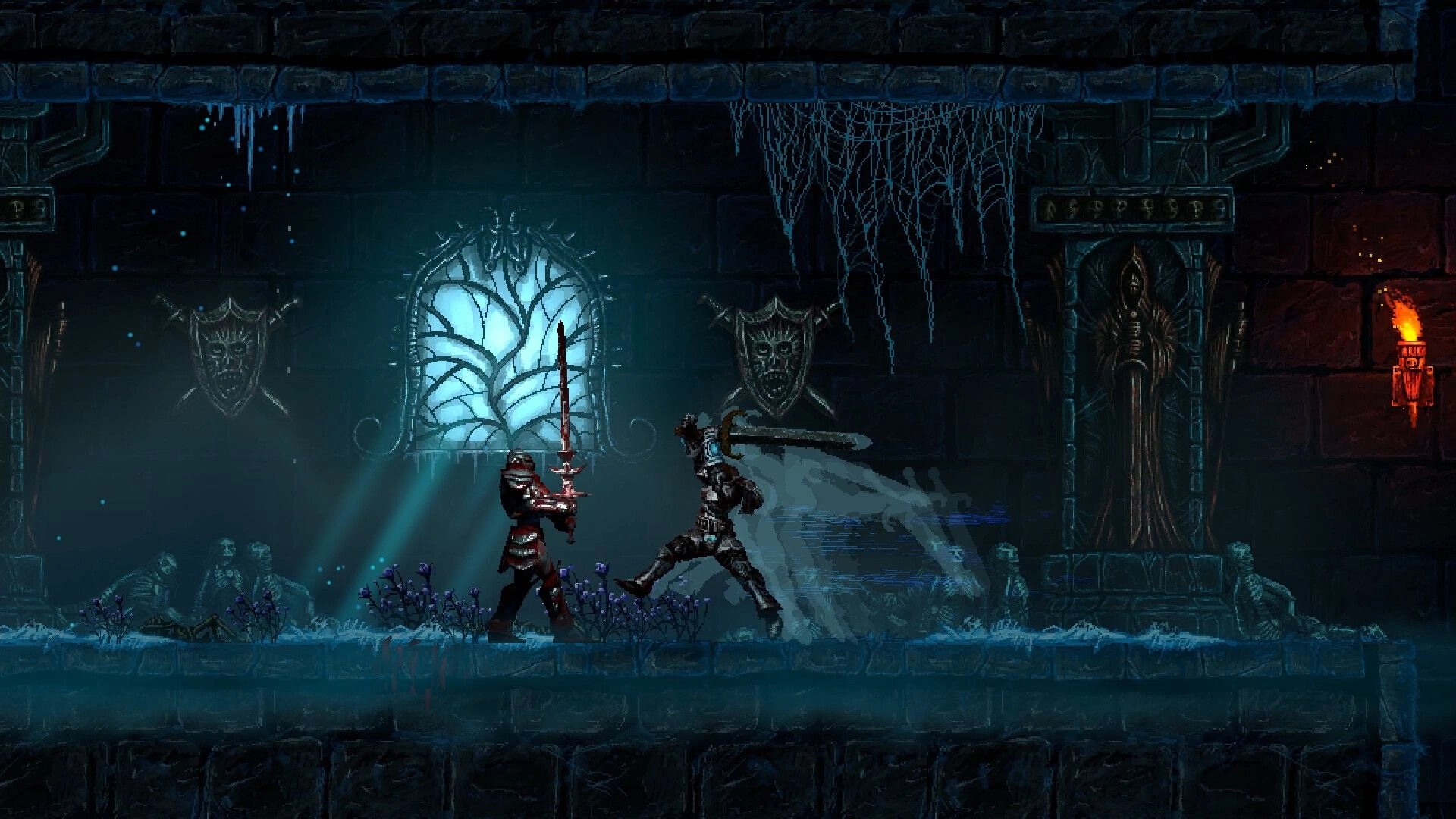 Slain 2: Armored hero swings a greatsword at a knight in a torchlit gothic stone corridor.