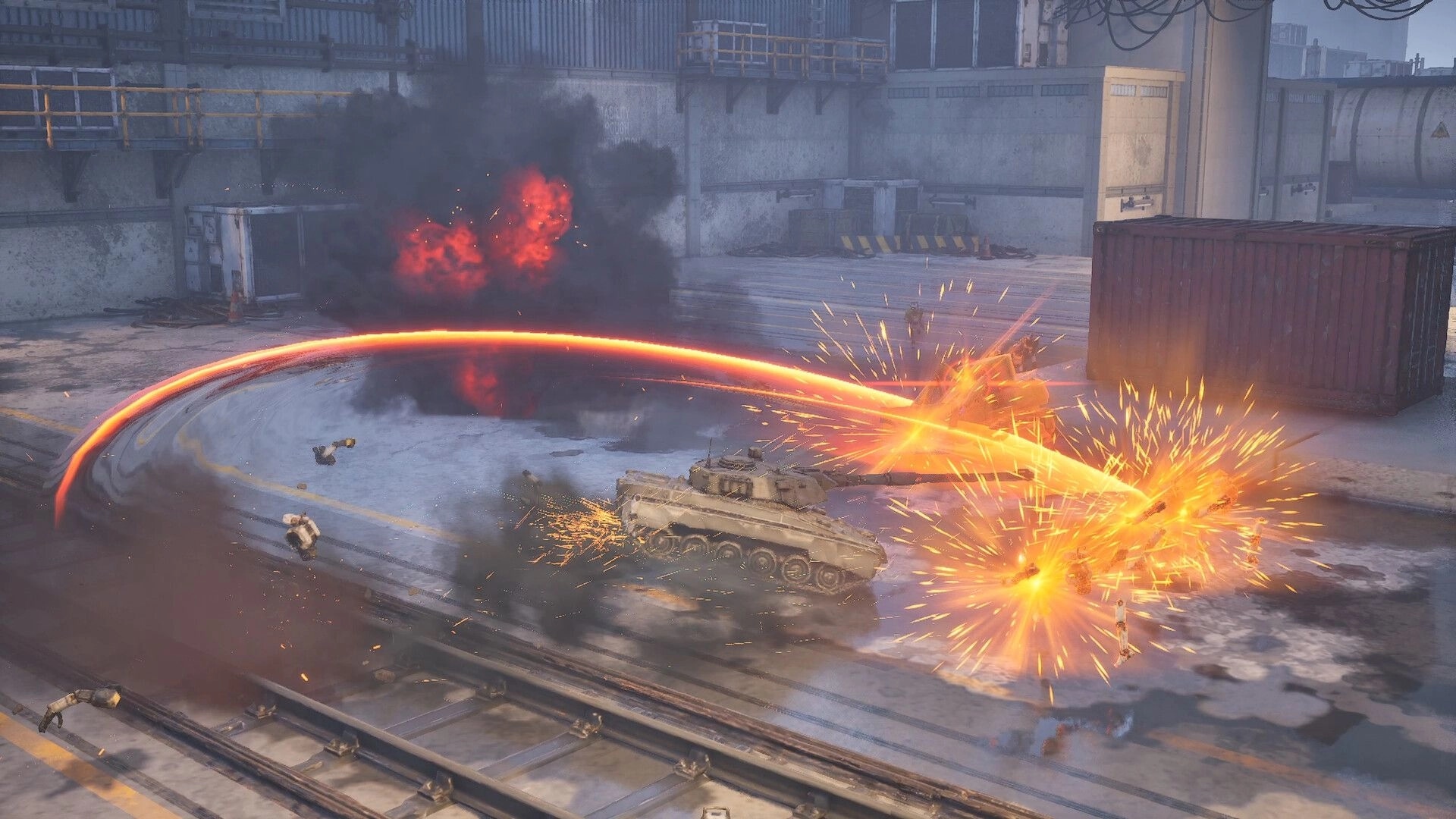 SLAM TANK: Tank swings a glowing cannon arc, blasting foes amid smoke and crates in a factory yard.