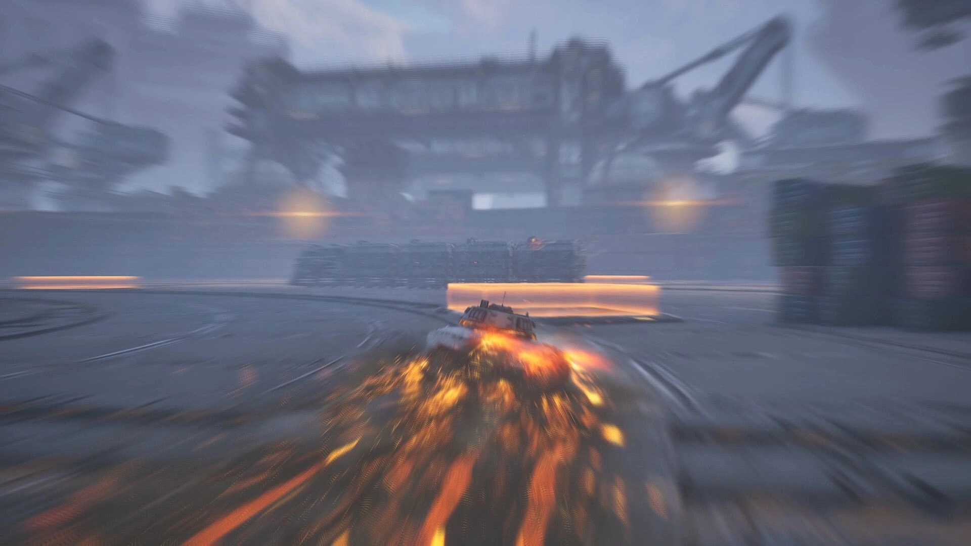 SLAM TANK: Tank speeds across wet industrial yard, leaving fiery skid trail under looming cranes.