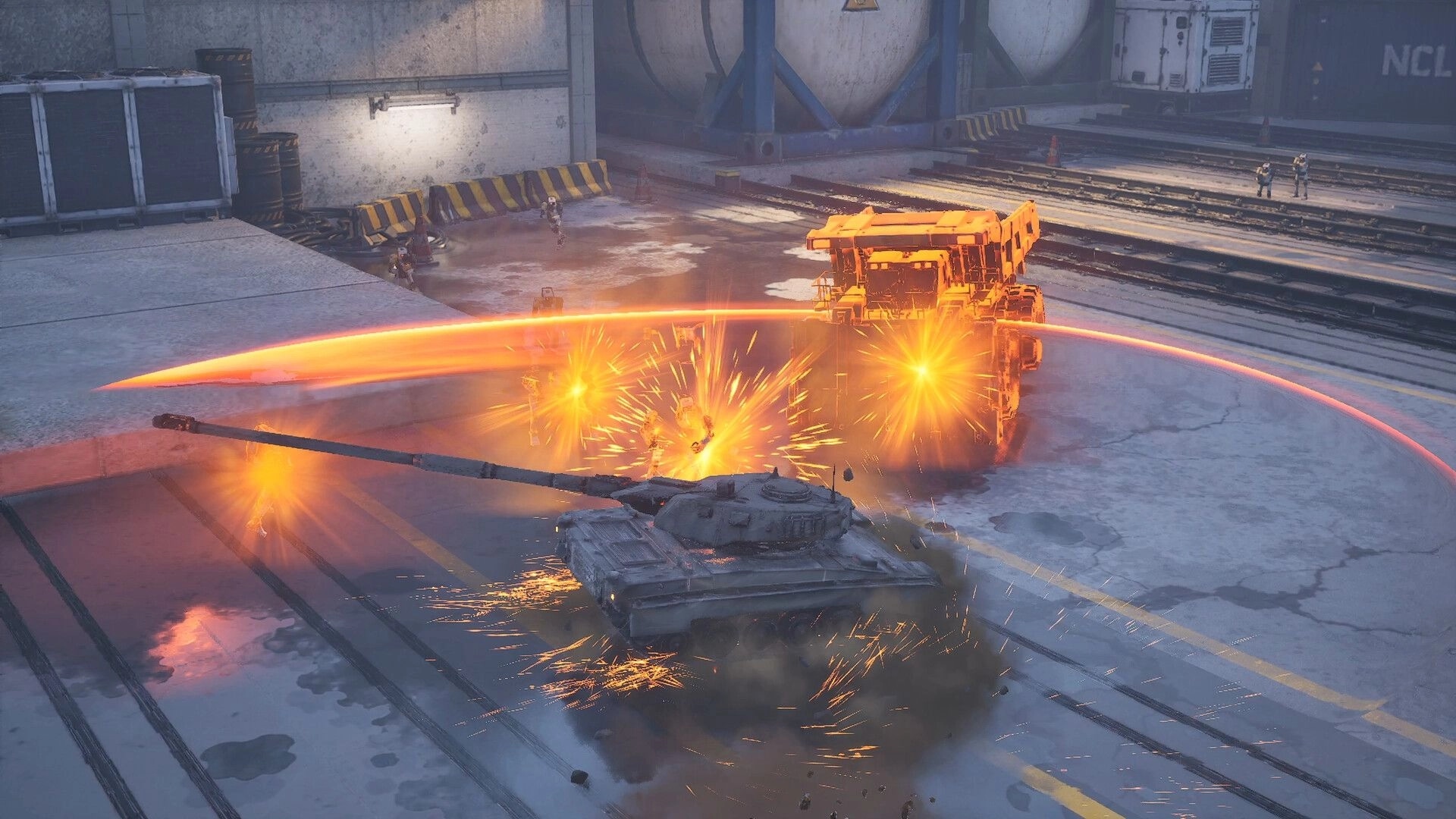 SLAM TANK: Tank swings cannon in a fiery arc, slamming an orange hauler in industrial yard.