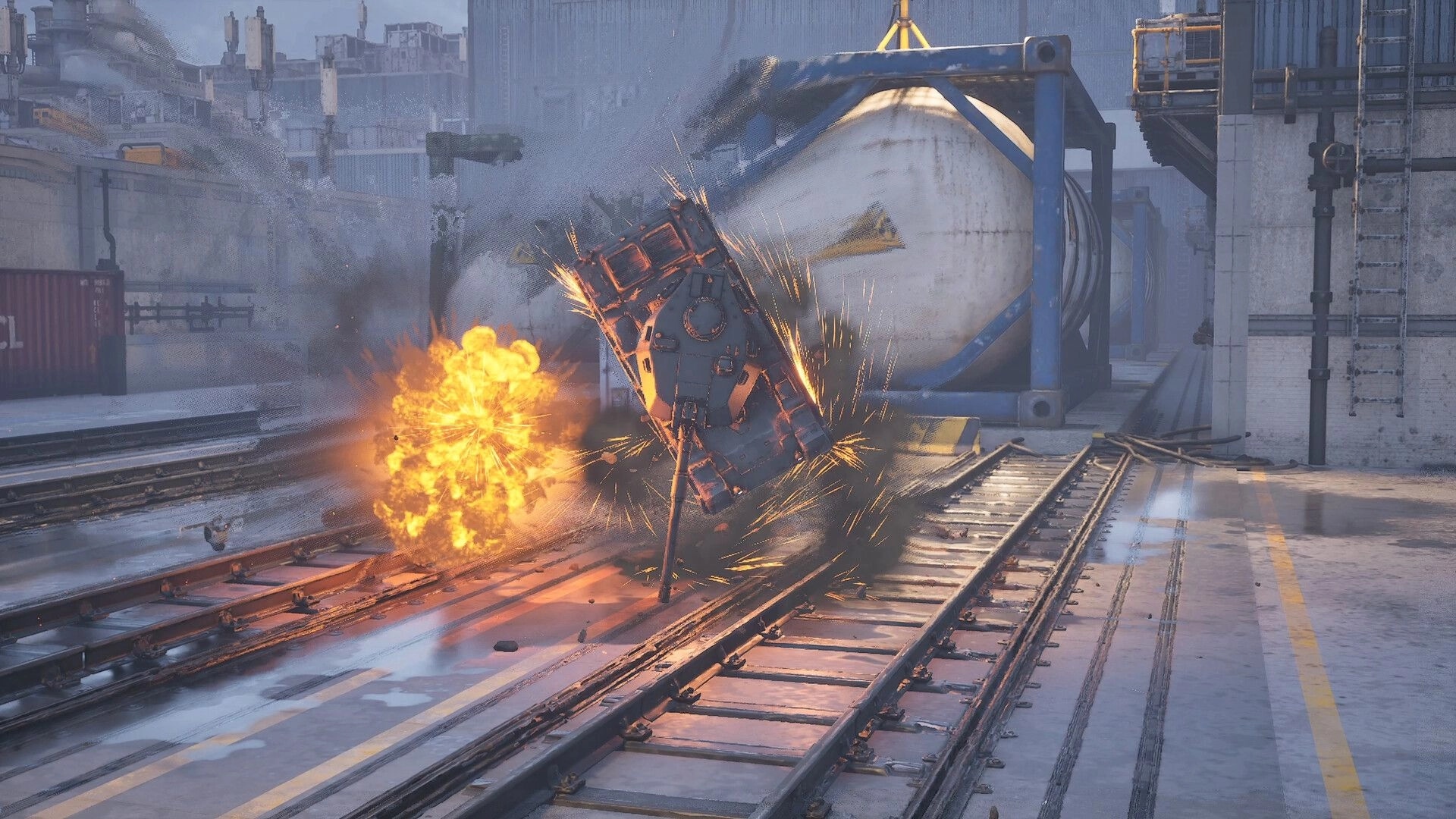 SLAM TANK: Tank flips and explodes into sparks beside a giant fuel tank on snowy rail yard tracks.