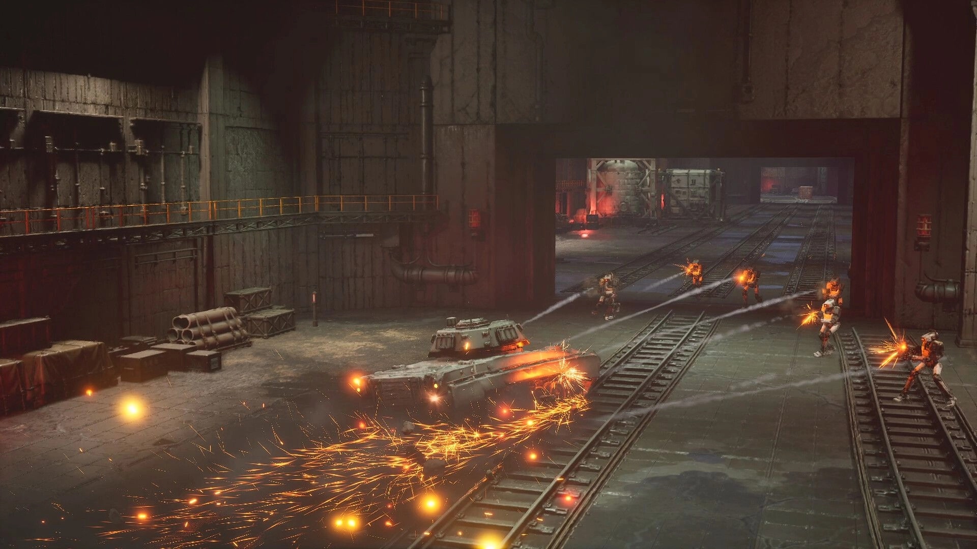 SLAM TANK: Tank drifts across rail yard spraying sparks as soldiers fire in an industrial hangar.