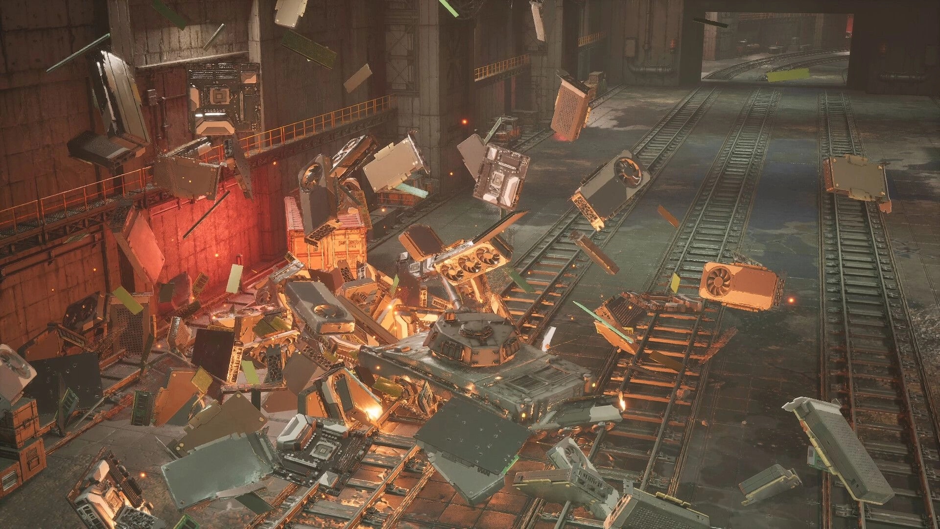 SLAM TANK: Tank smashes through flying metal debris in an industrial rail tunnel with sparks and wreckage.