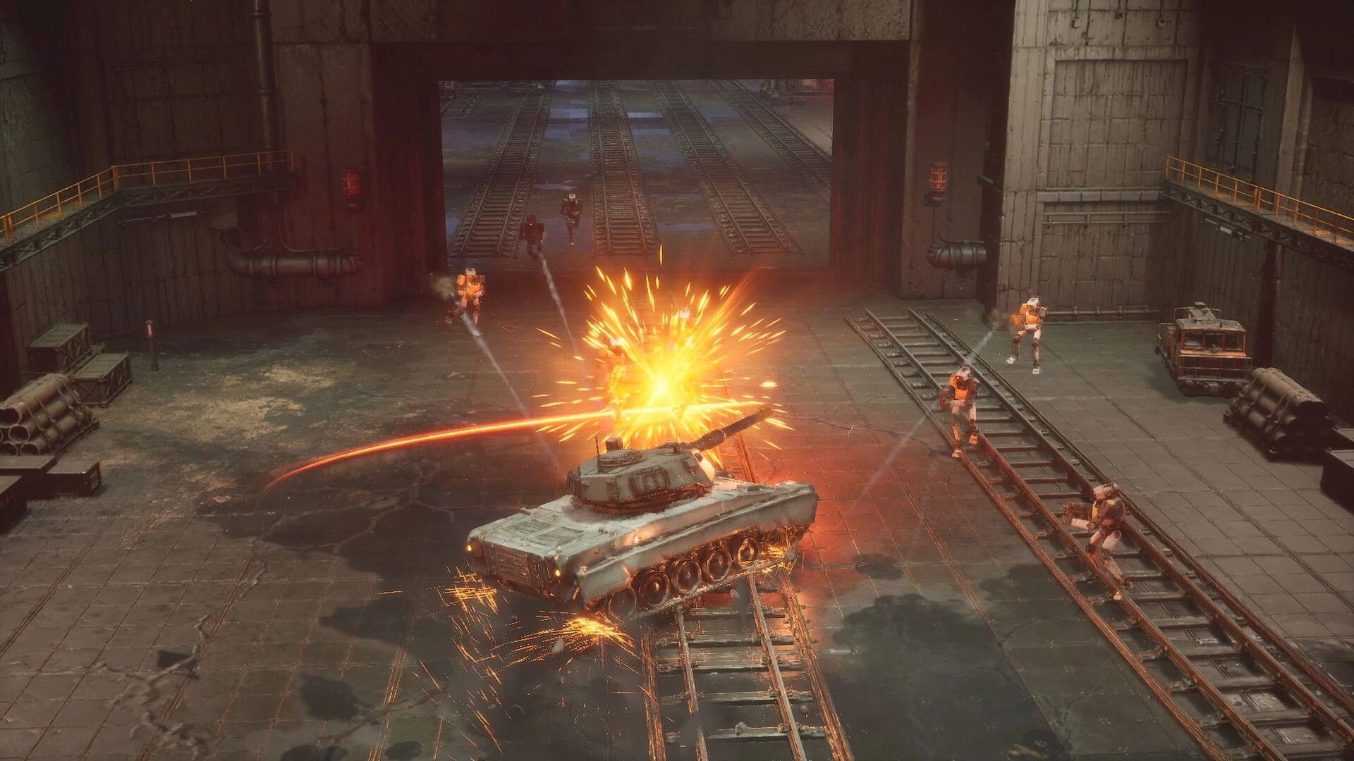 SLAM TANK: Tank swings its barrel into a fiery blast amid robots on rail-lined factory floor.