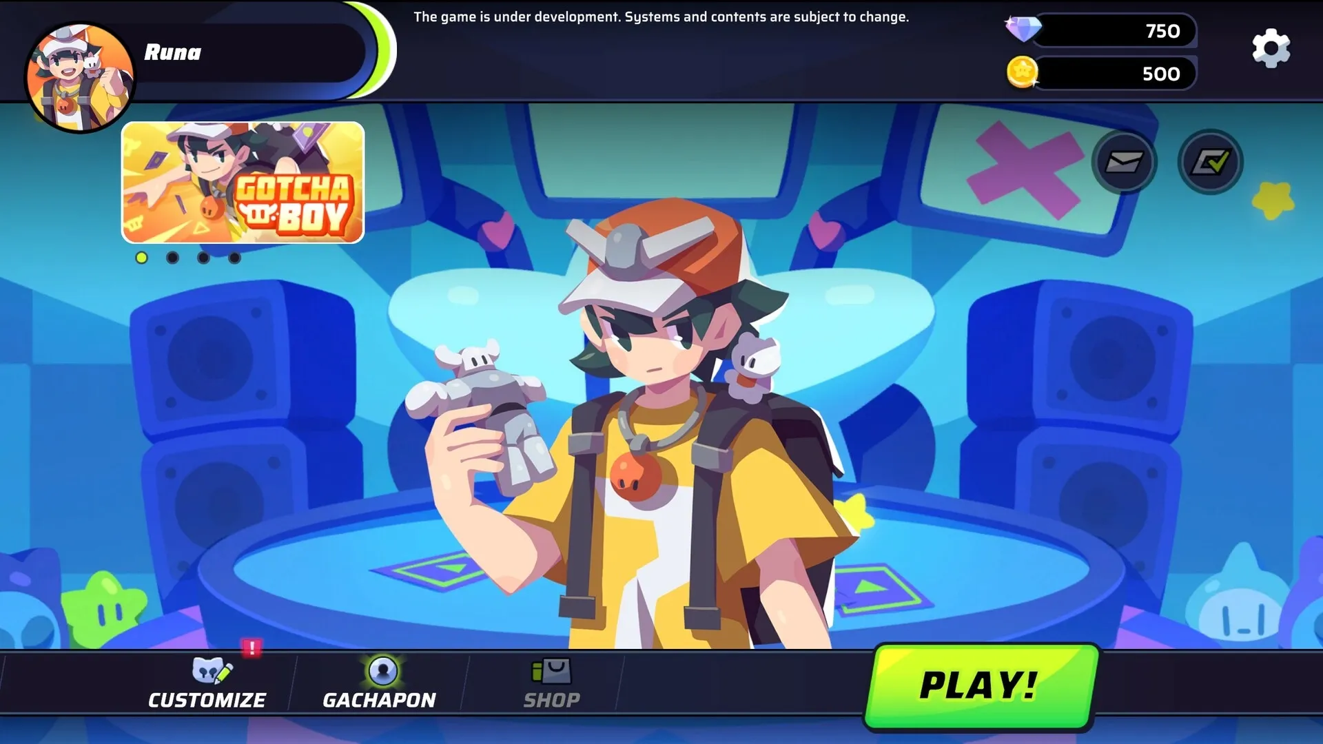 Slap 'em UP!: Runa holding toys in futuristic room with customize, gachapon, and shop buttons visible.