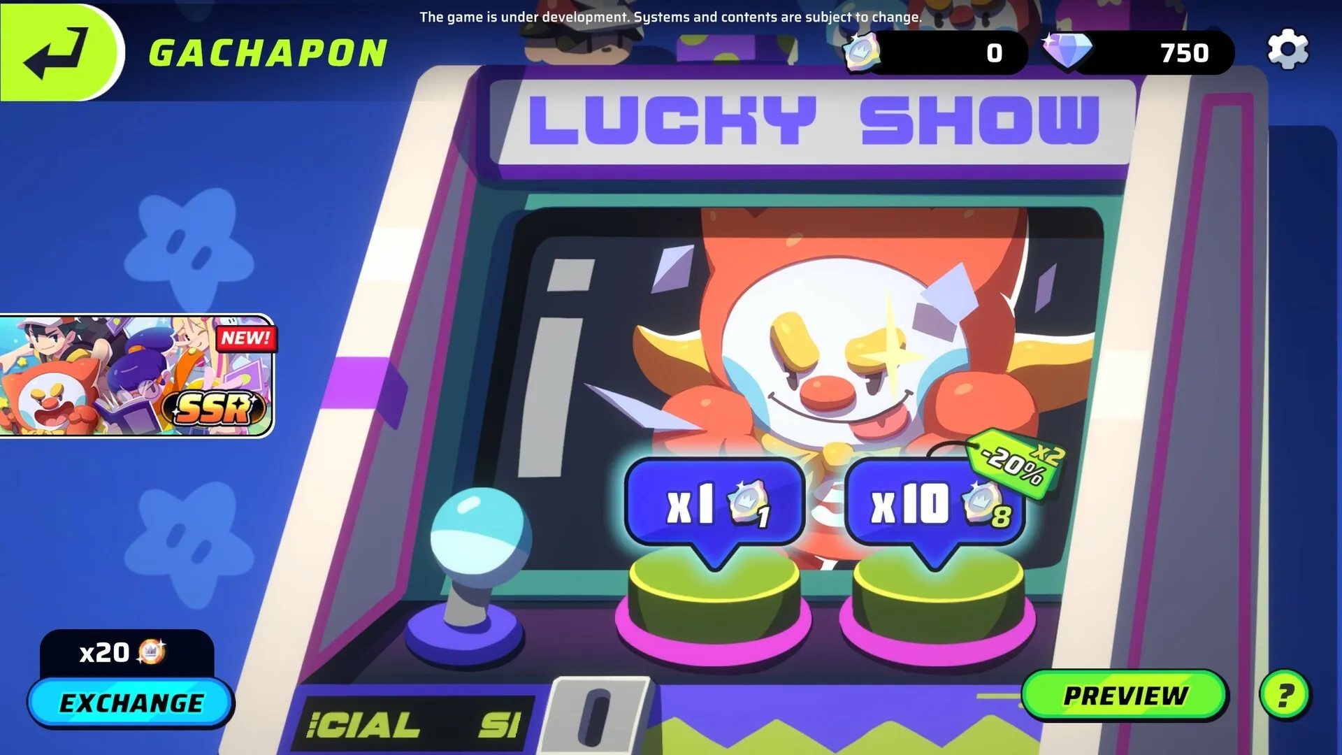 Slap 'em UP!: Clown-themed gacha machine interface with exchange options and a vibrant Lucky Show backdrop.