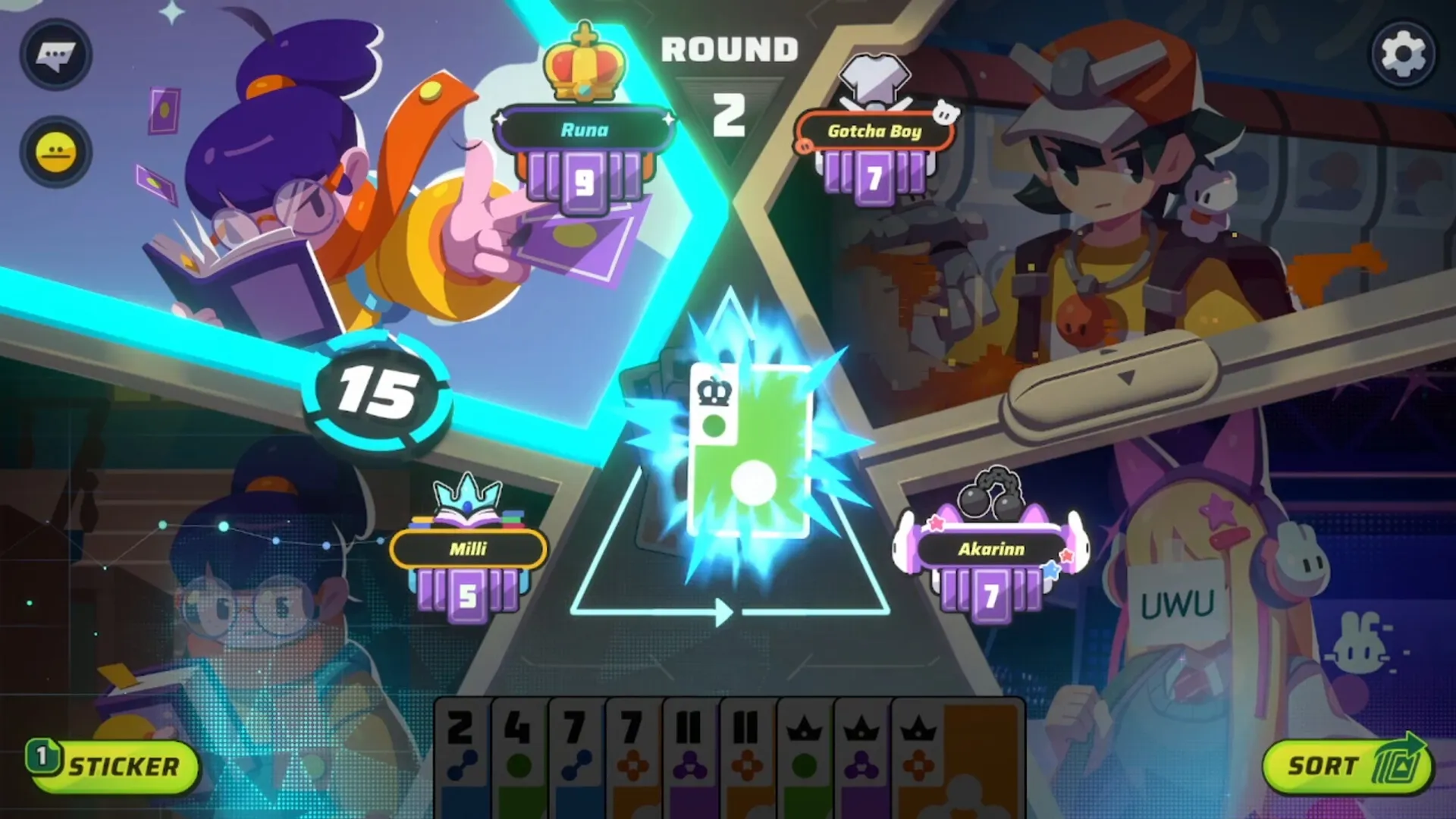 Slap 'em UP!: Runa vs Gotcha Boy in intense card duel, vibrant graphics and dynamic interface elements.