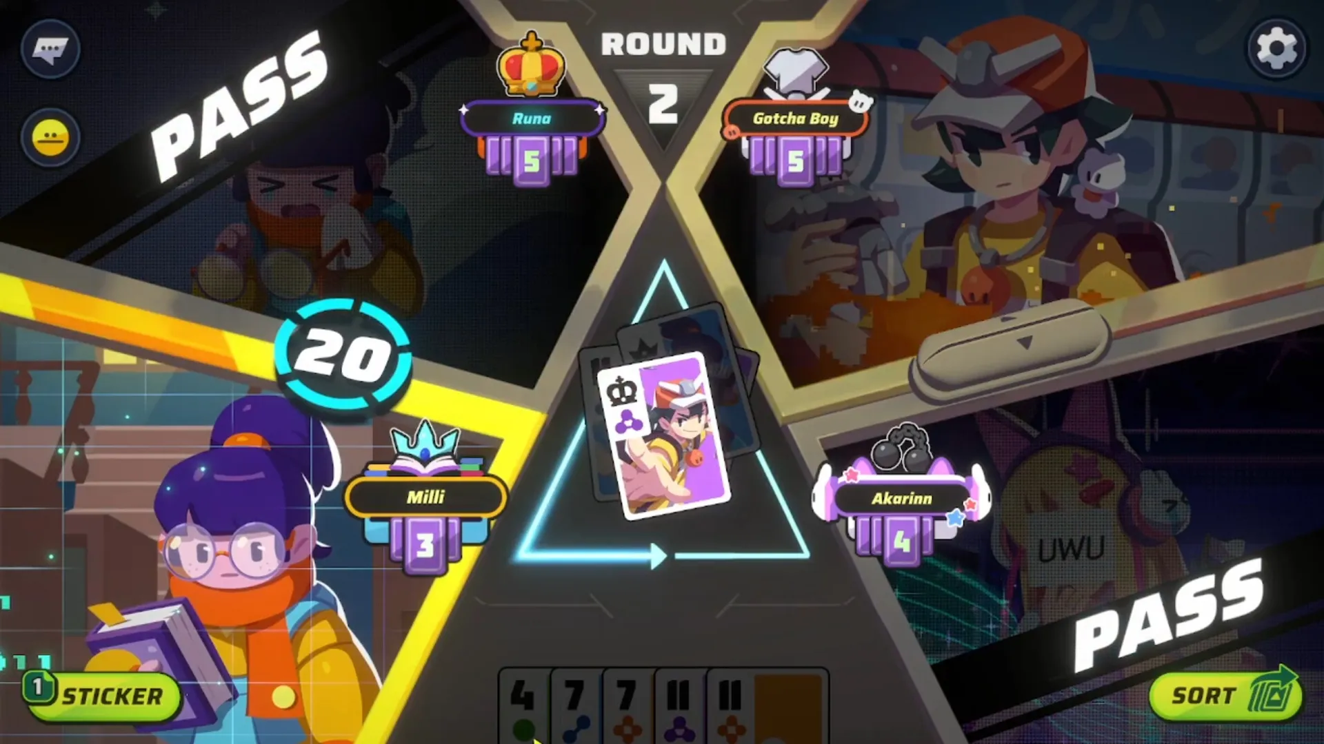 Slap 'em UP!: Card battle in progress with players Runa, Gotcha Boy, Milli, and Akarinn in round two.