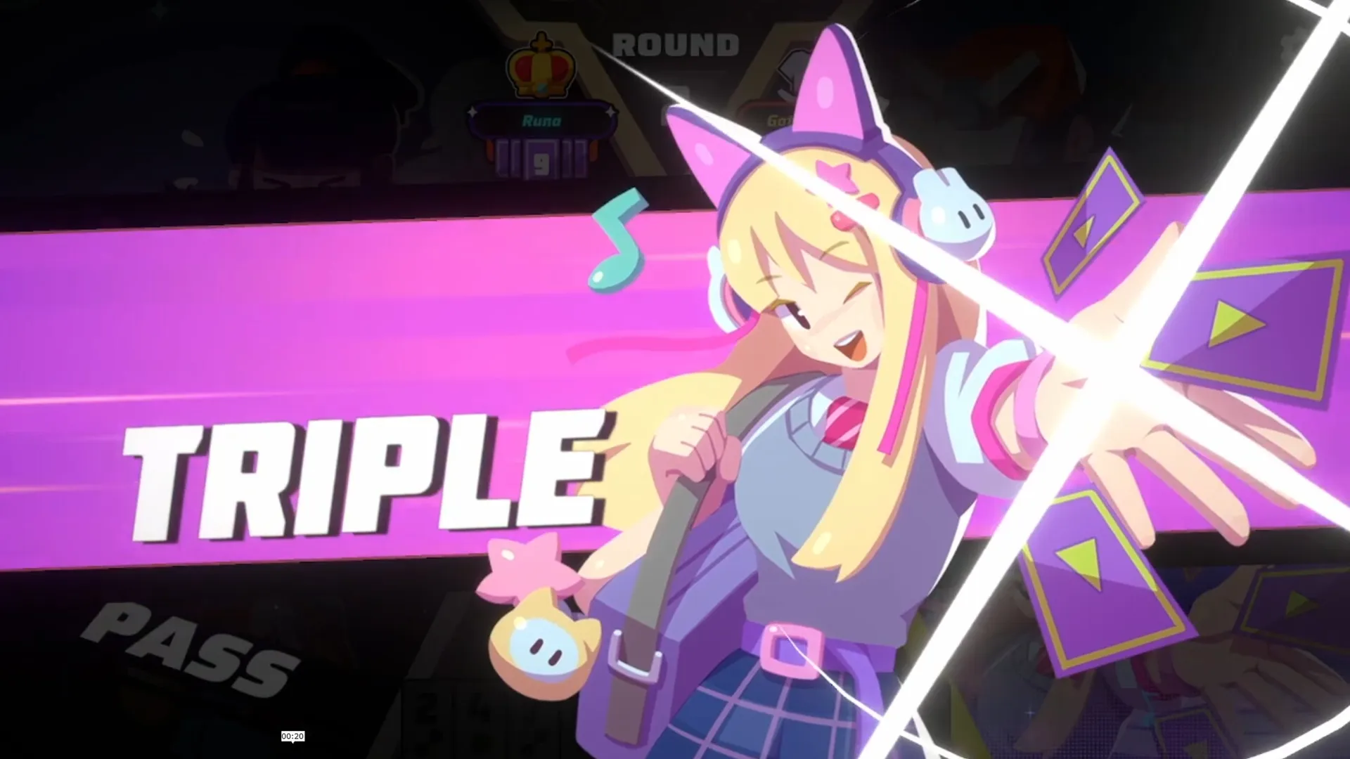 Slap 'em UP!: Animated character Runa with cat ears triumphantly plays cards, 'TRIPLE' highlighted.