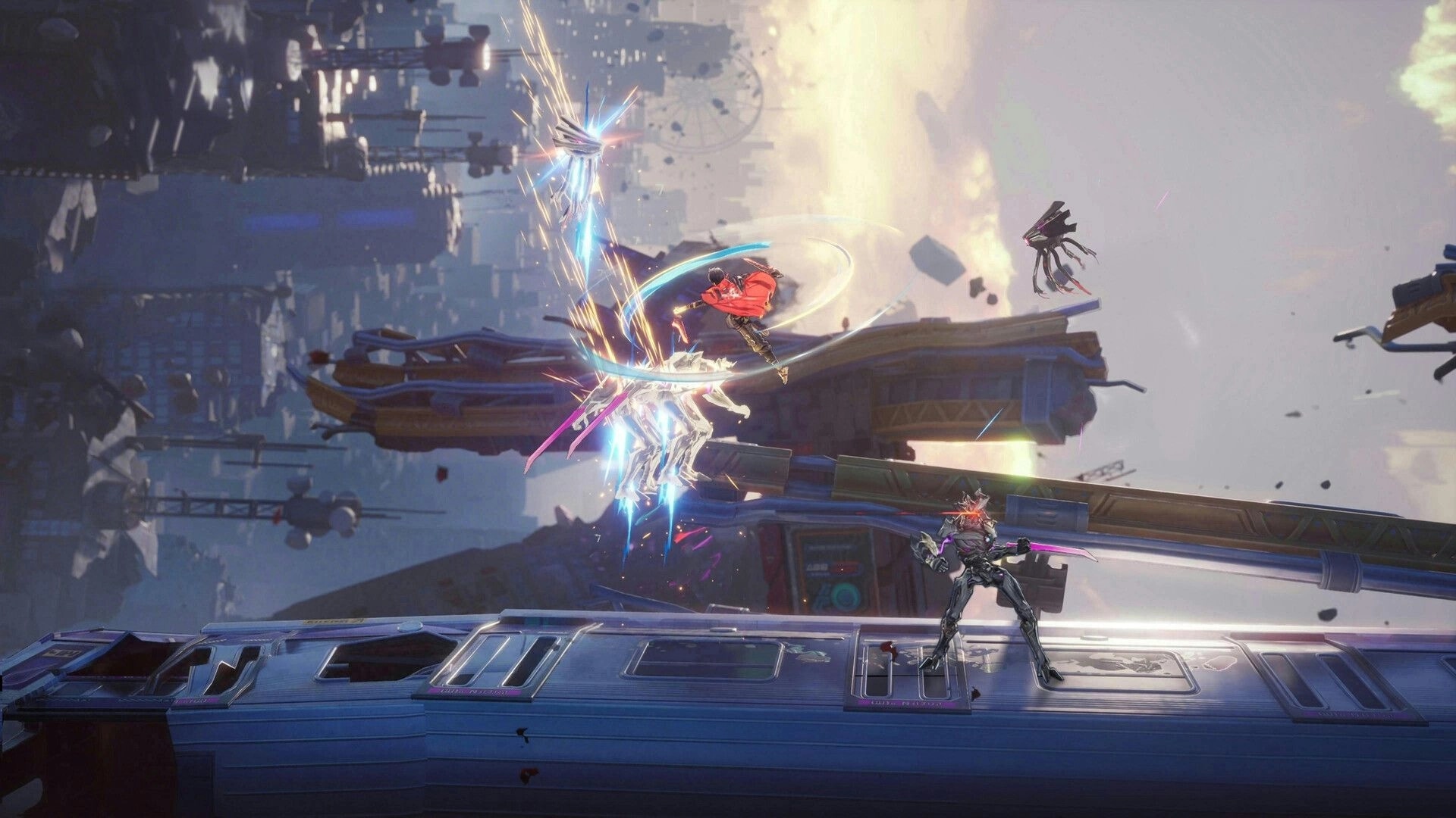 SlashZero: Midair sword slash hits a glowing enemy above a metal platform in a ruined sci-fi city.