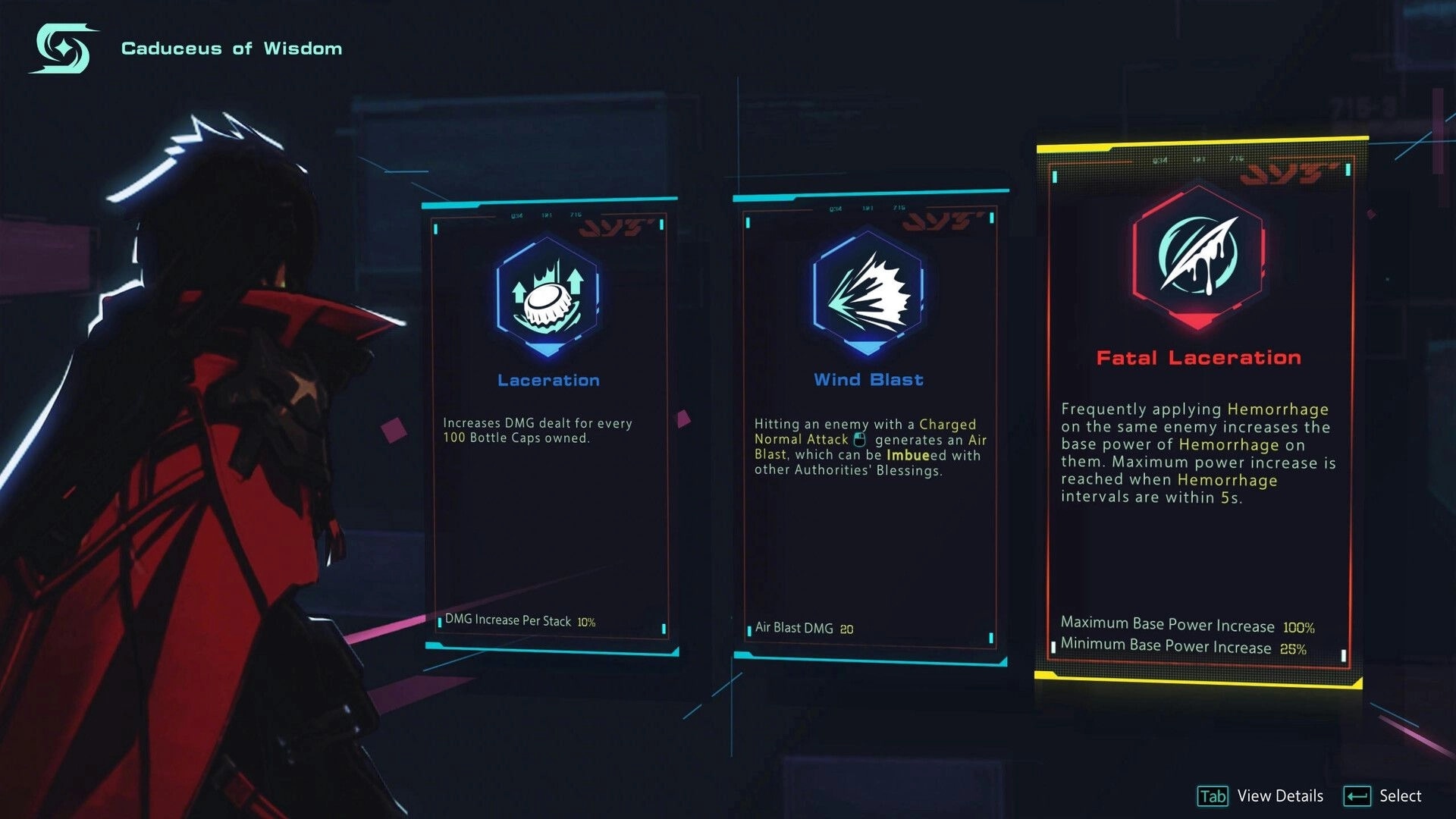 SlashZero: Player chooses Caduceus of Wisdom upgrades from three holographic perk cards in neon hub.