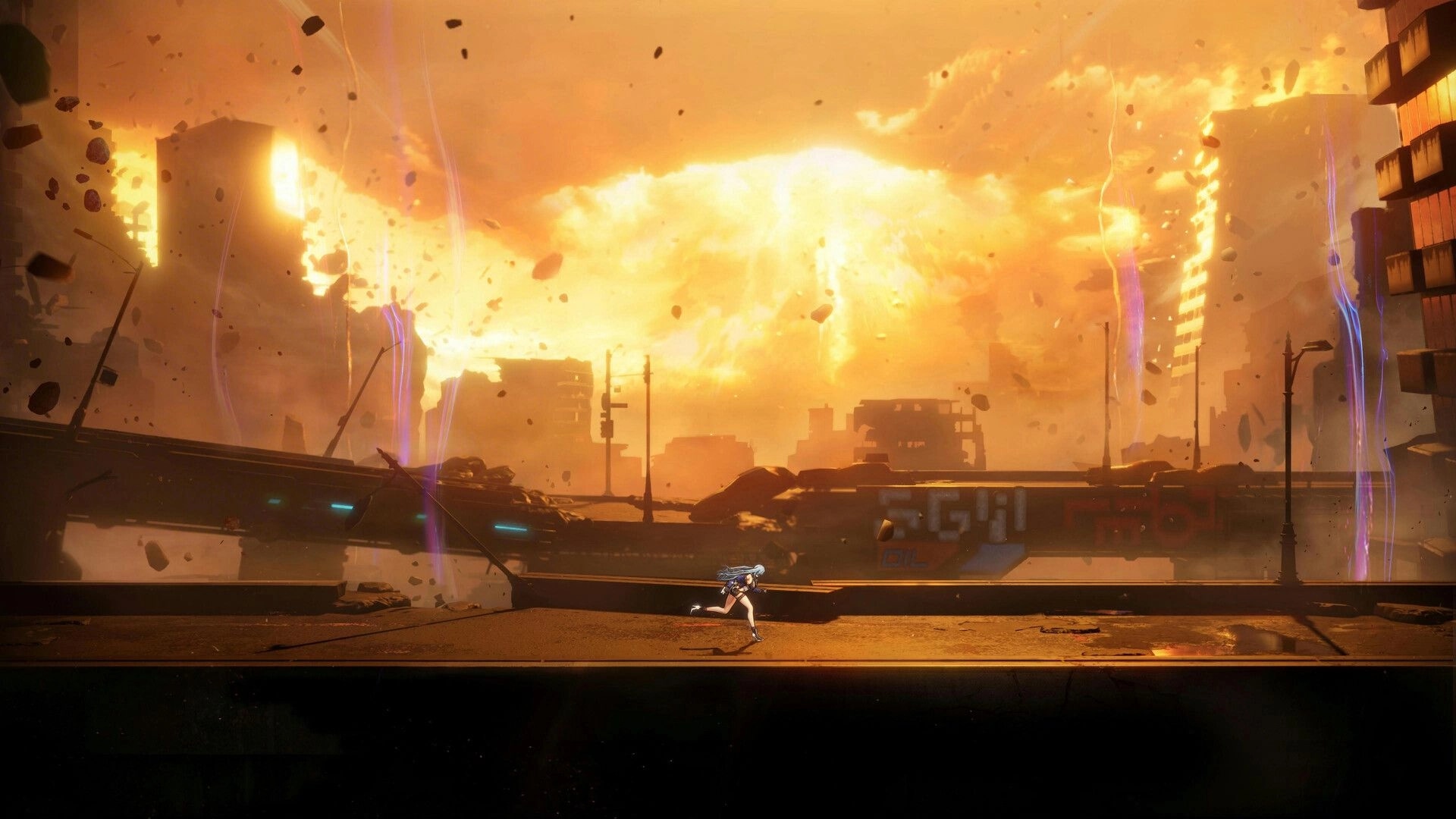 SlashZero: Lone runner dashes across a ruined highway as fiery explosion lights a shattered city skyline.