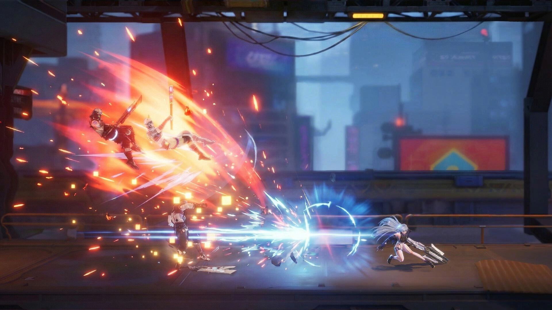SlashZero: Blue-haired fighter fires a blue energy blast at airborne foes on neon city platform.