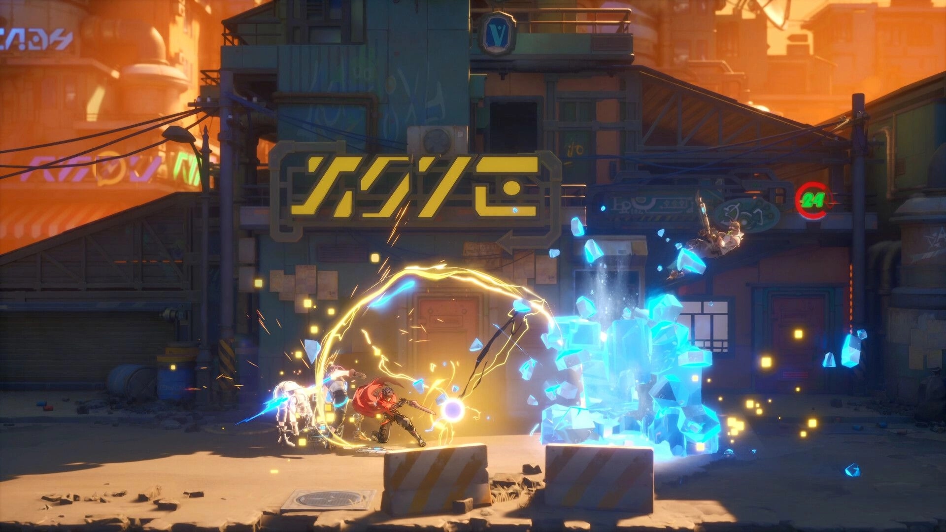 SlashZero: Player slashes enemies amid lightning and exploding ice crystals in neon industrial street.