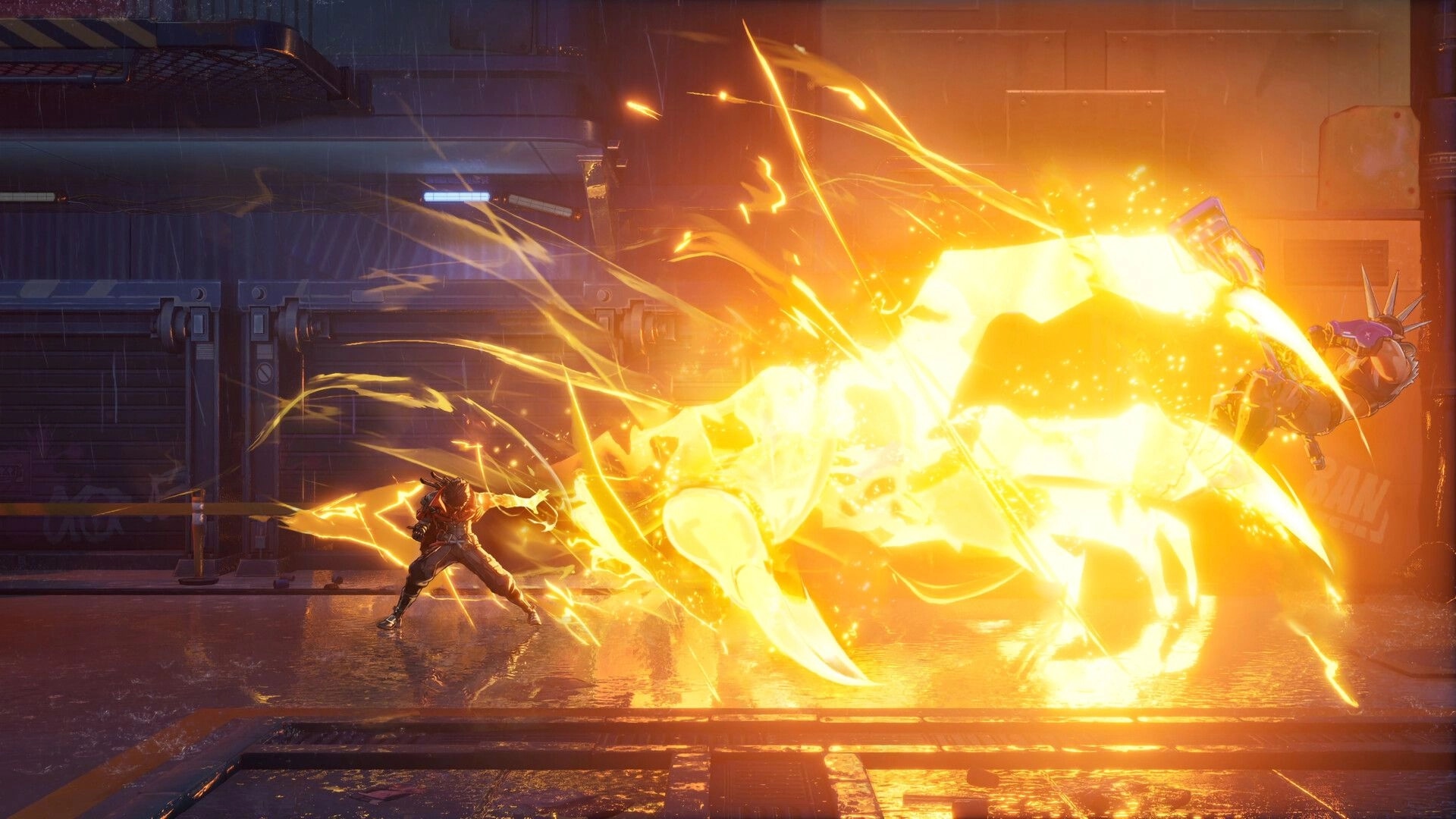 SlashZero: Player unleashes huge golden energy slash at armored enemy in rainy industrial corridor.