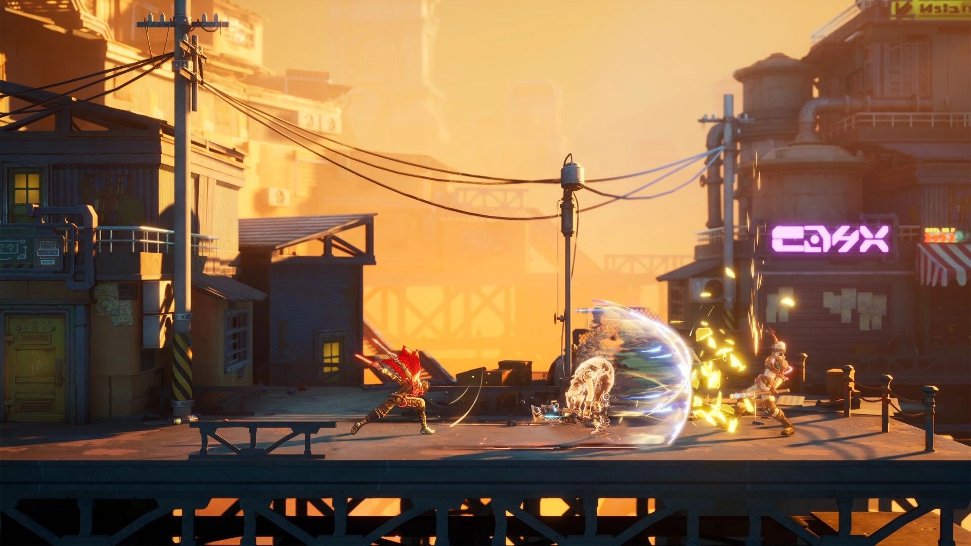 SlashZero: Side-scrolling sword fight with energy slash effects on an industrial rooftop at sunset.