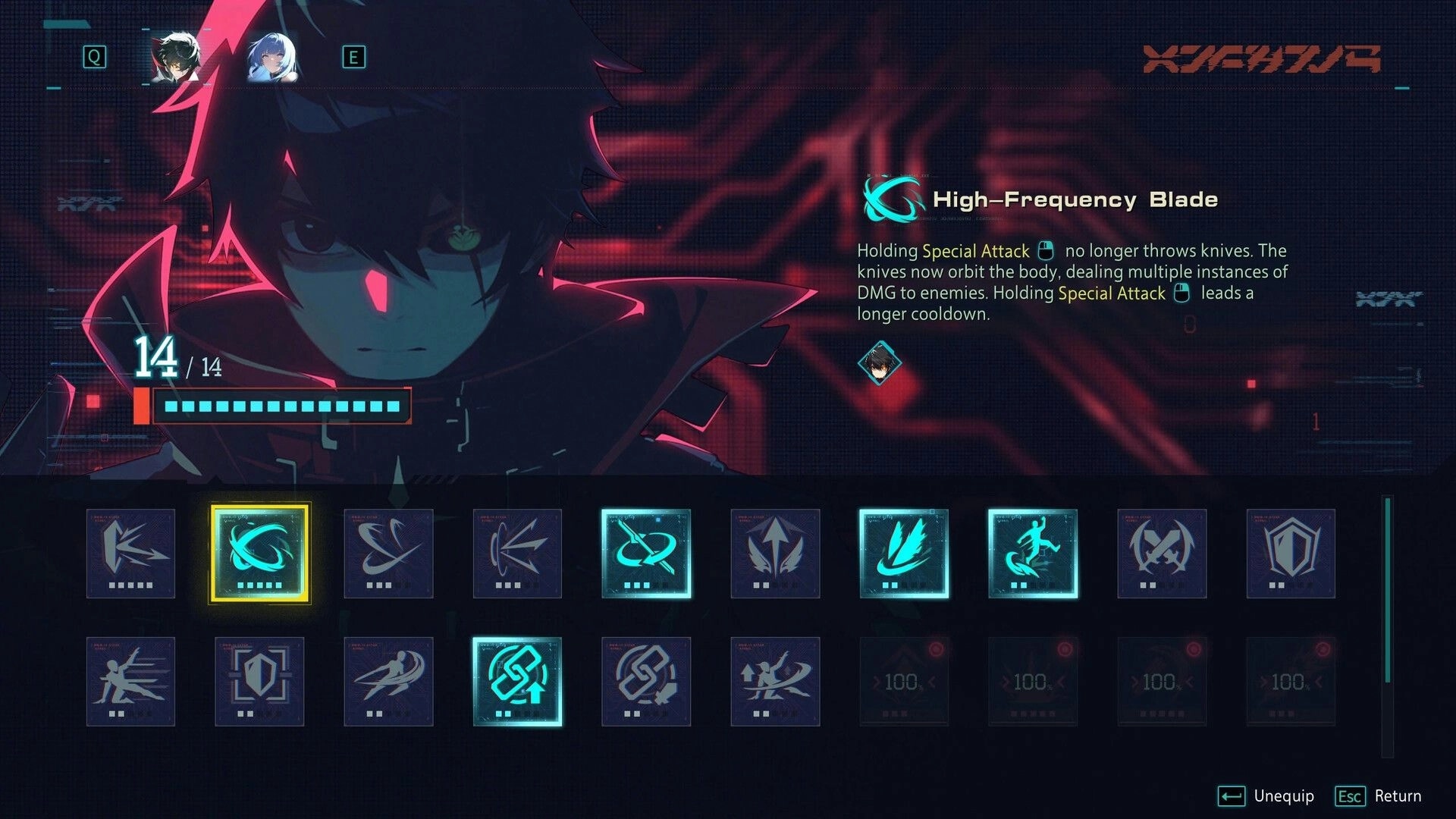 SlashZero: Skill tree menu highlighting High-Frequency Blade upgrade over neon cyberpunk backdrop.