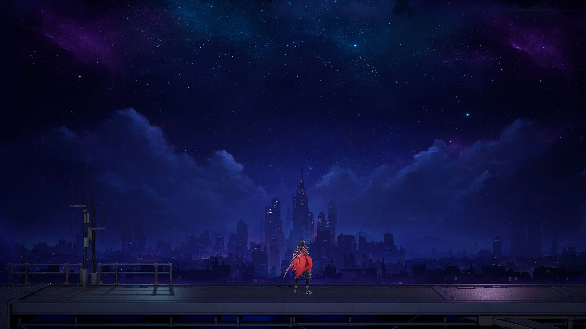 SlashZero: Red-caped swordsman stands on rooftop platform overlooking neon skyline under starry sky.