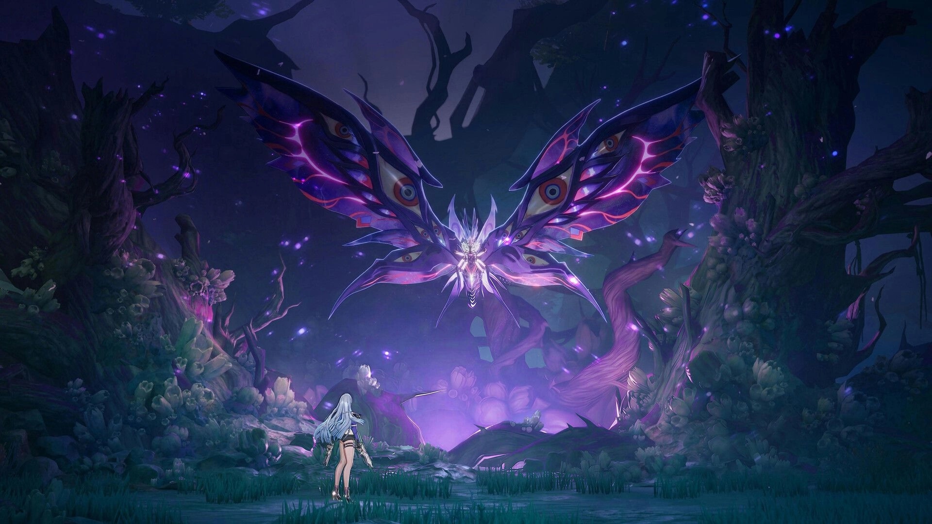 SlashZero: Player faces a giant glowing butterfly boss in a dark, purple-lit forest clearing.