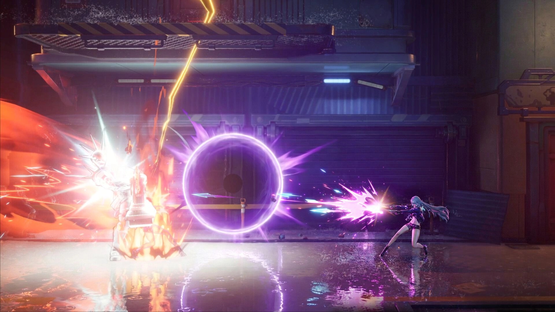 SlashZero: Player fires purple energy shots at an enemy beside a portal in a neon industrial arena.