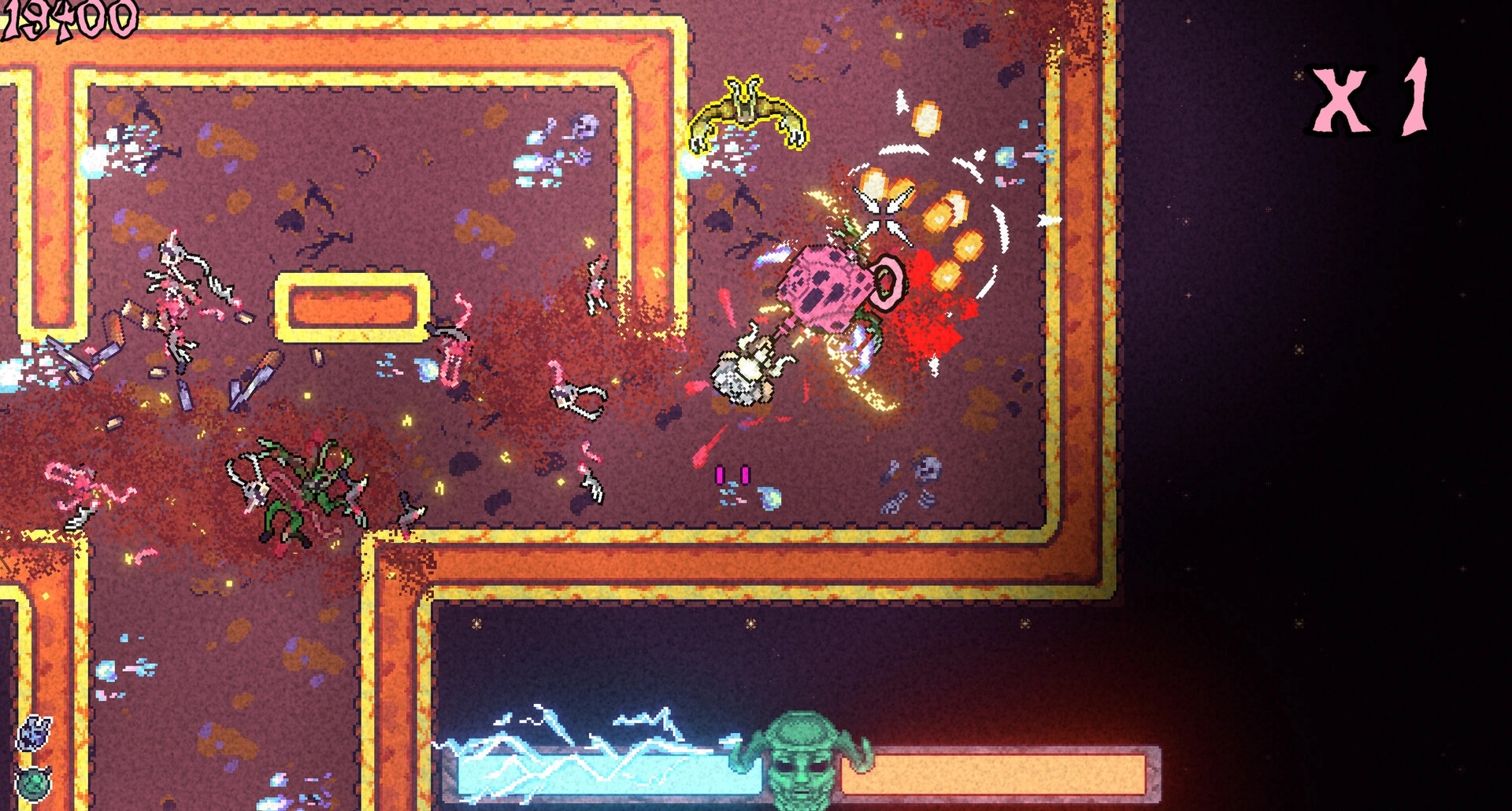 Slaughter Void: Top-down melee brawl with gore and debris in tight corridor arena, score and x1 UI visible.