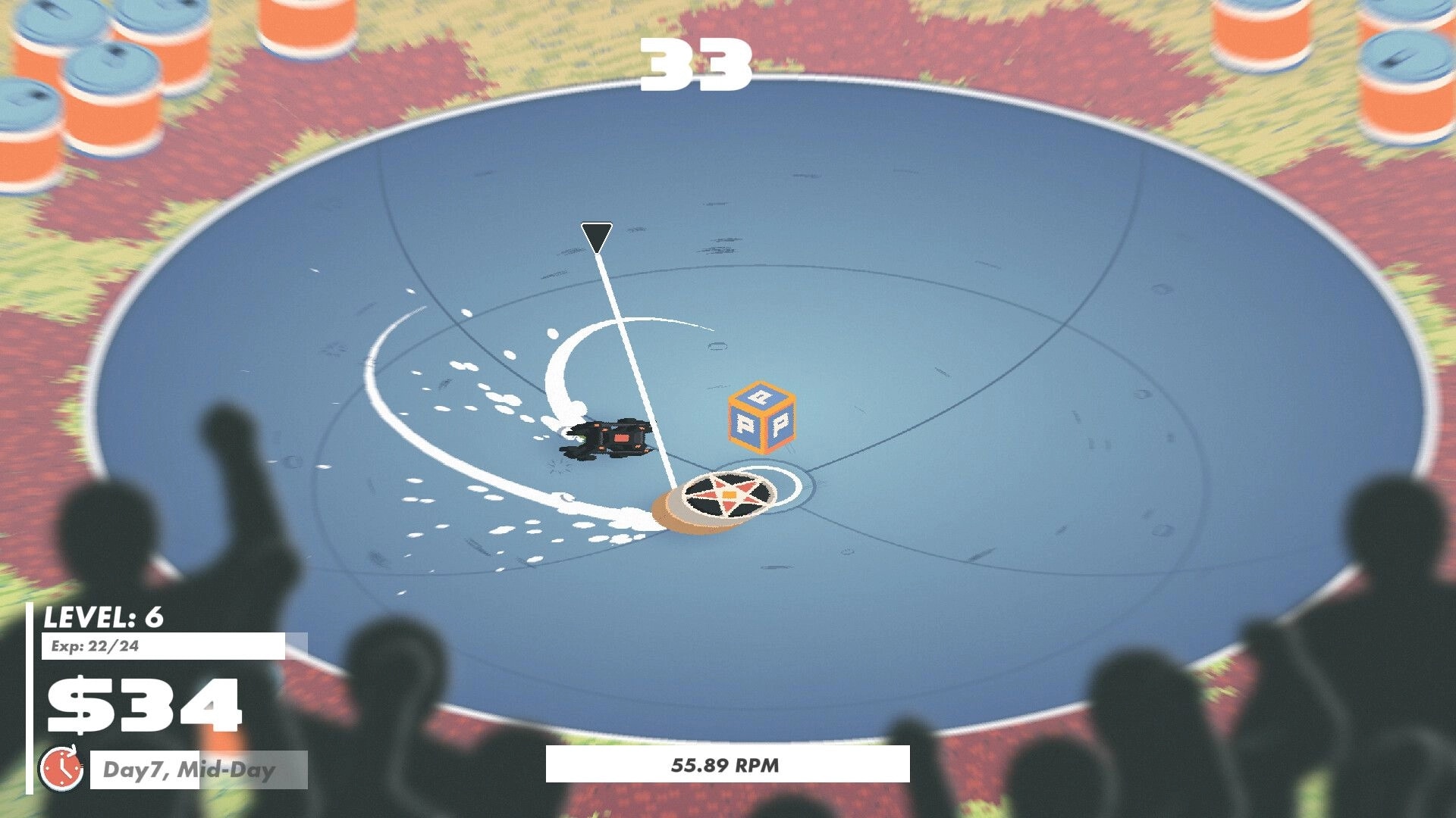 Slayblade: Spinning battle-top skids in a bowl arena near a loot cube, timer and cash UI visible.