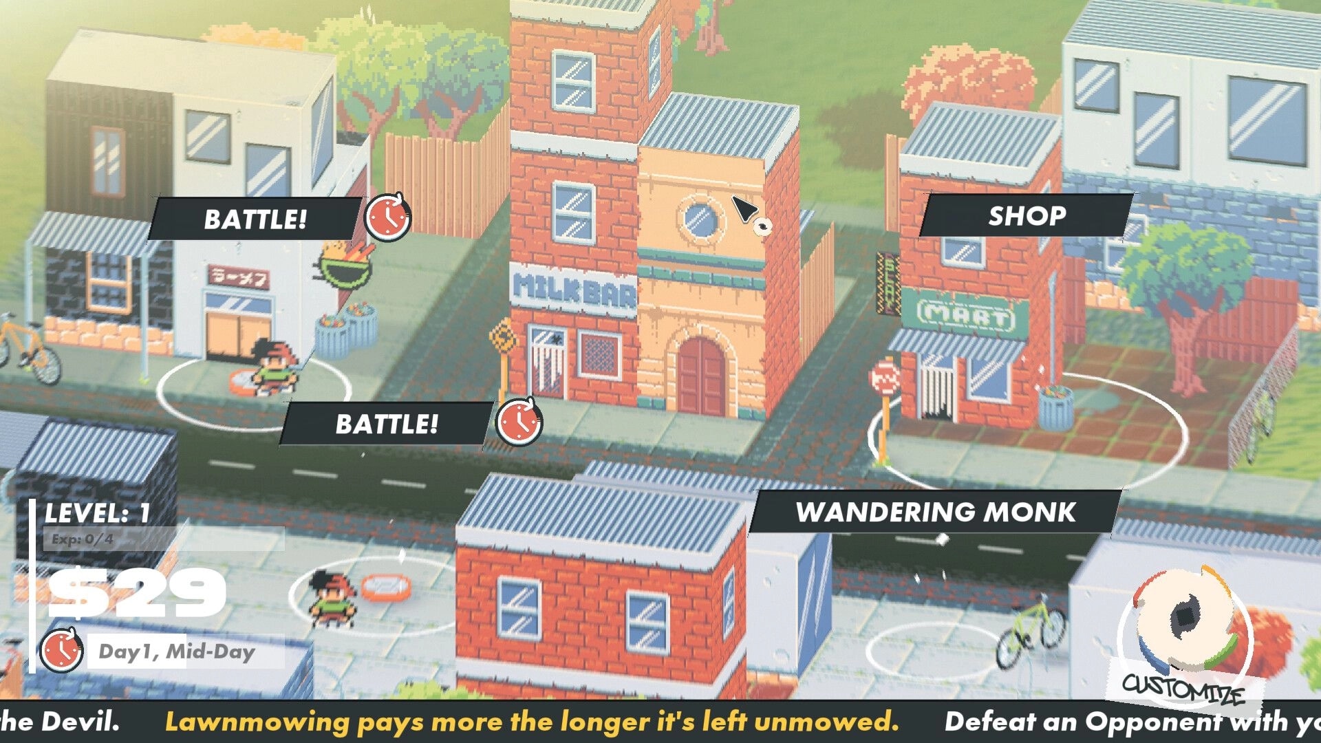 Slayblade: City map with Battle and Shop nodes, level 1 cash UI, and Customize button at mid-day.