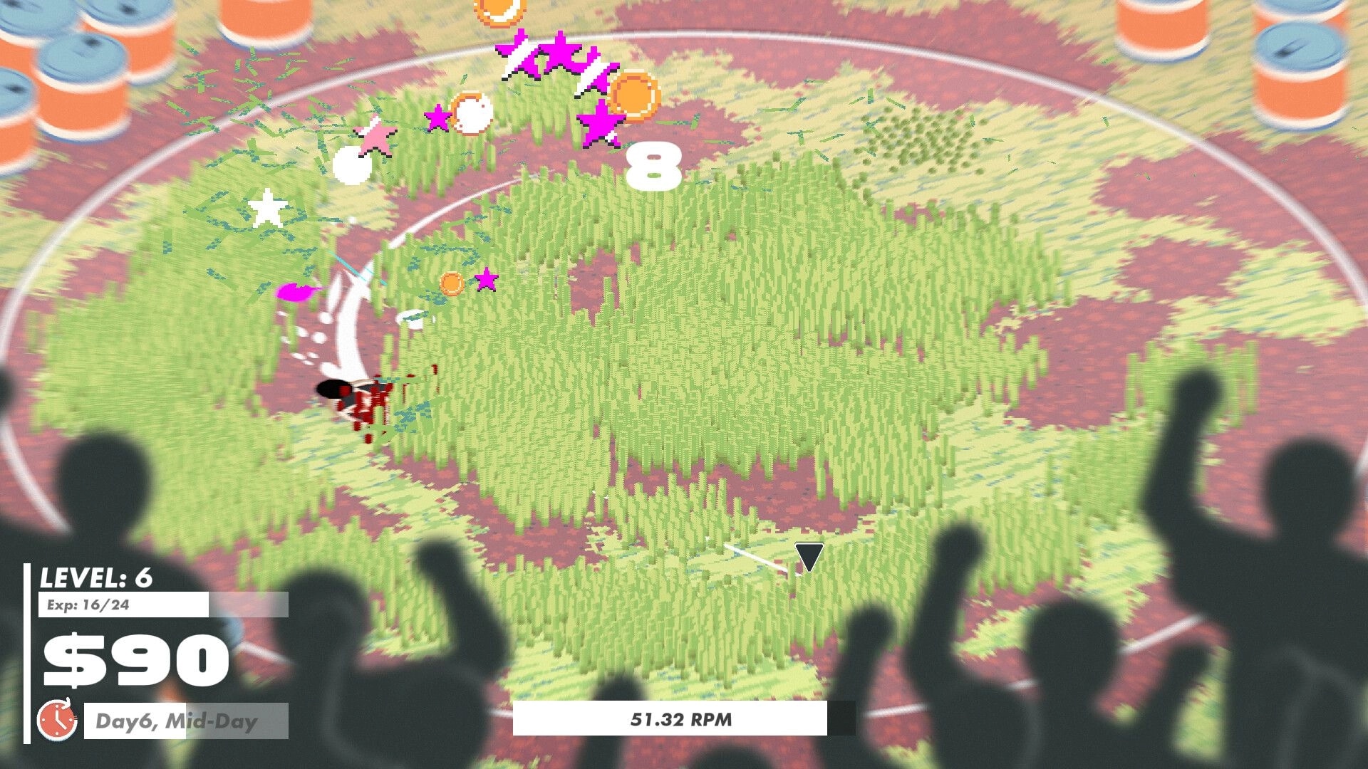 Slayblade: Spinning battle-top slashes an enemy as damage 8 pops up in a grassy arena with UI stats.