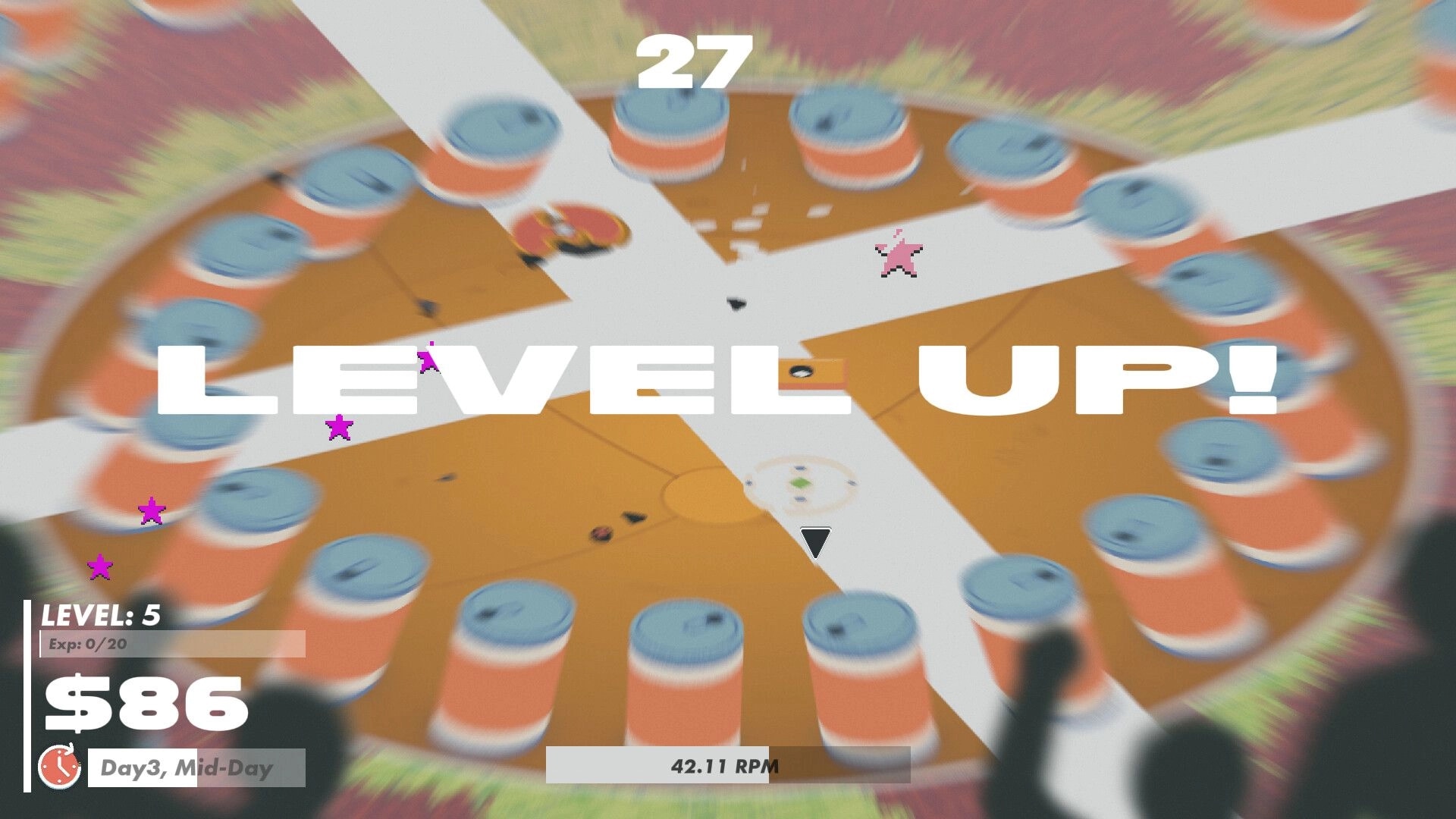 Slayblade: Level up overlay on spinning battle-top arena with cash, day timer, and RPM HUD.