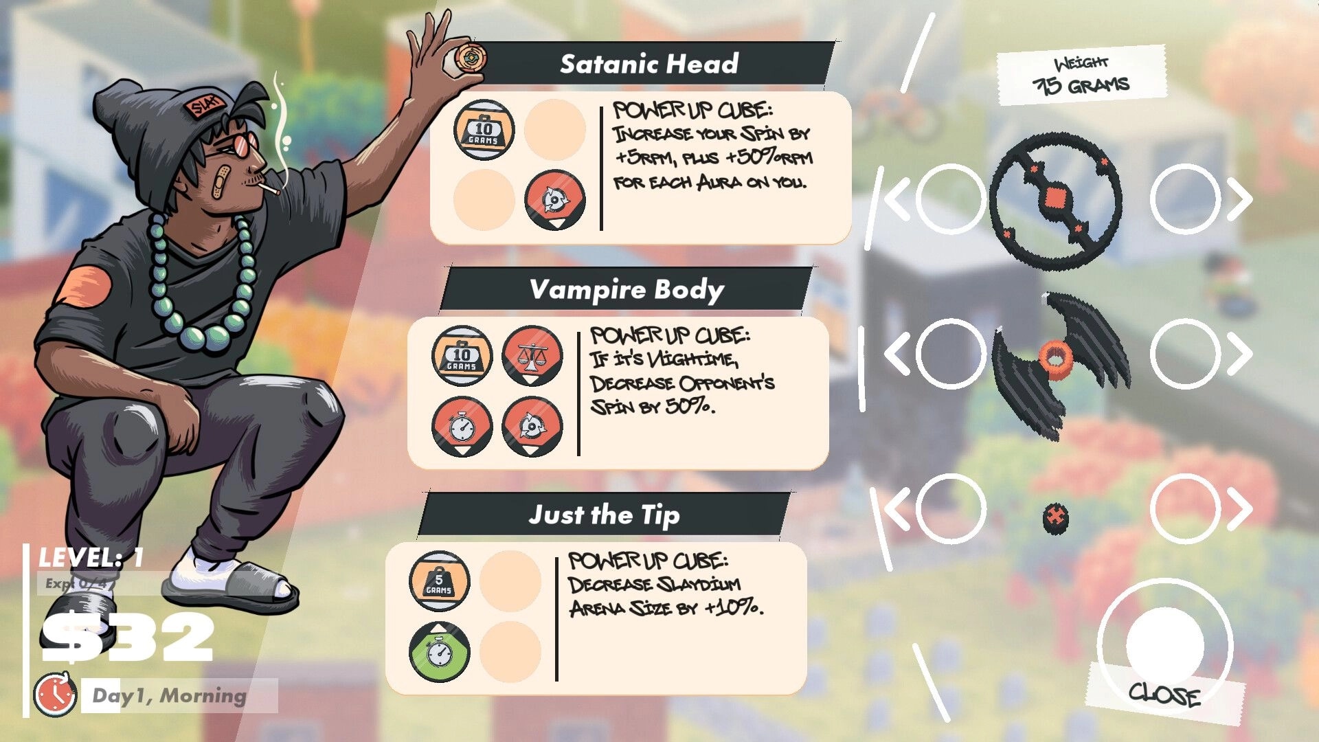 Slayblade: Part selection menu showing Satanic Head, Vampire Body, and Just the Tip with stats and icons.