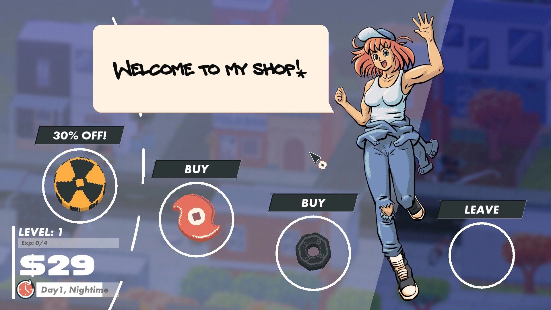 Slayblade: Shop menu with vendor waving, item icons with Buy buttons, and Leave option overlay.