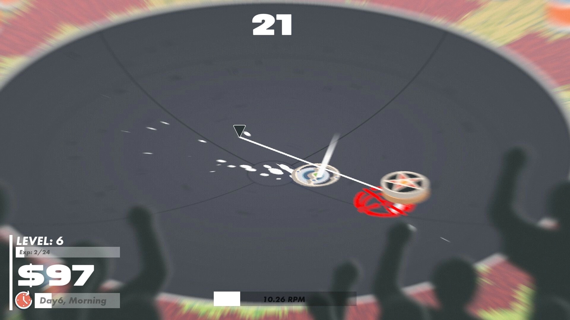 Slayblade: Battle-top duel with two spinning discs and tether line in circular arena, level and cash UI.