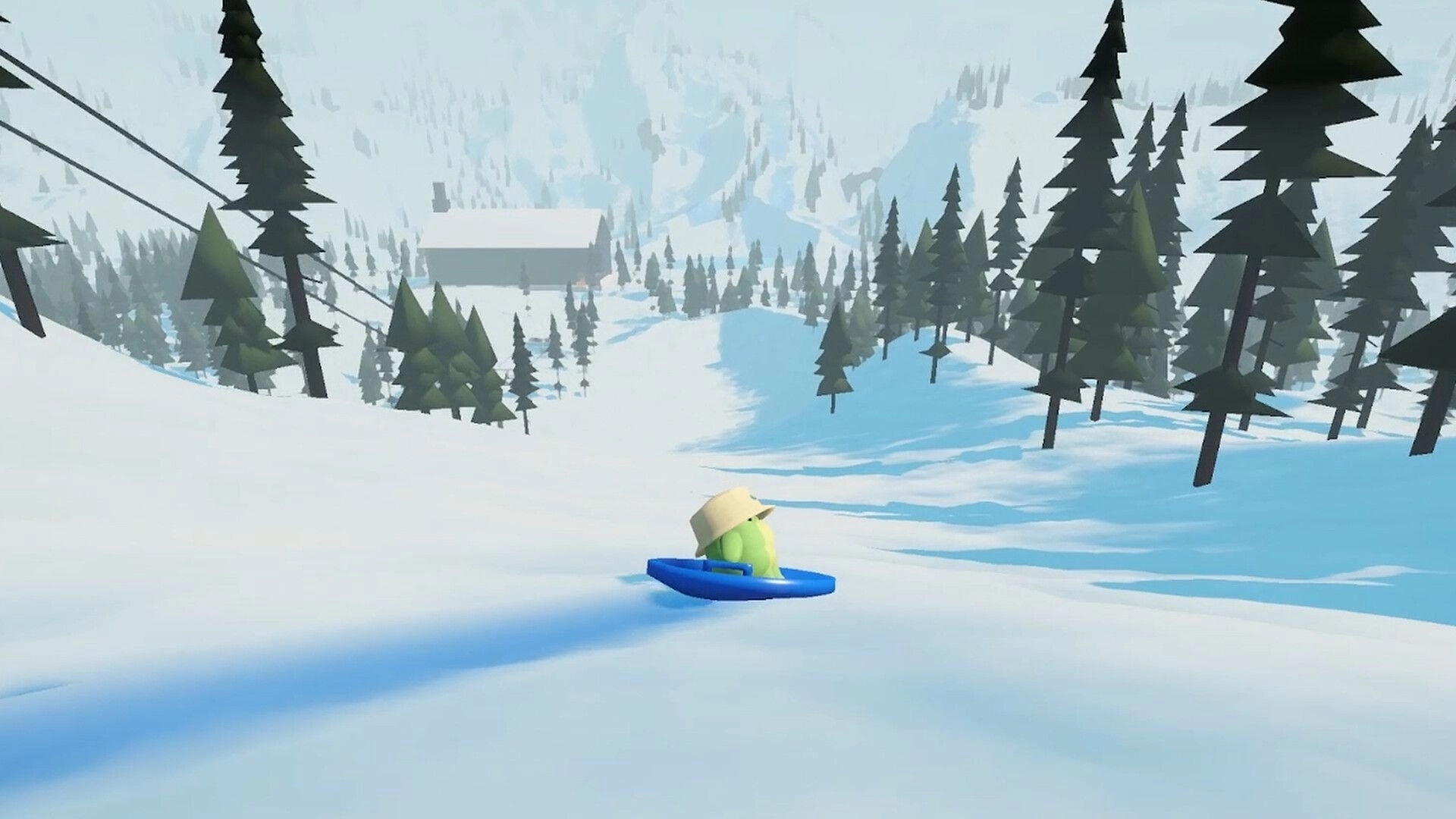 Sledding Game: Green character rides a blue sled down snowy hill through pine forest valley.